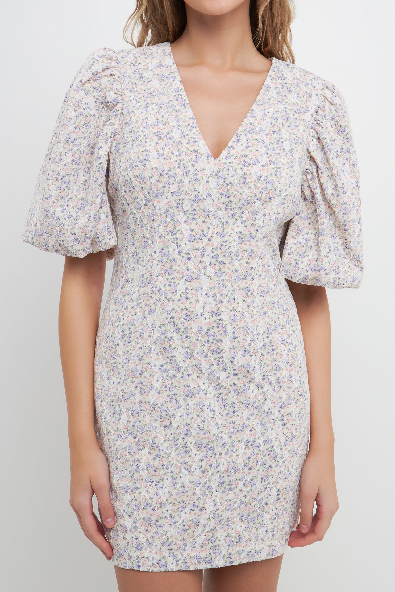 FREE THE ROSES - Floral Balloon Sleeve Dress with Lace Texture - DRESSES available at Objectrare