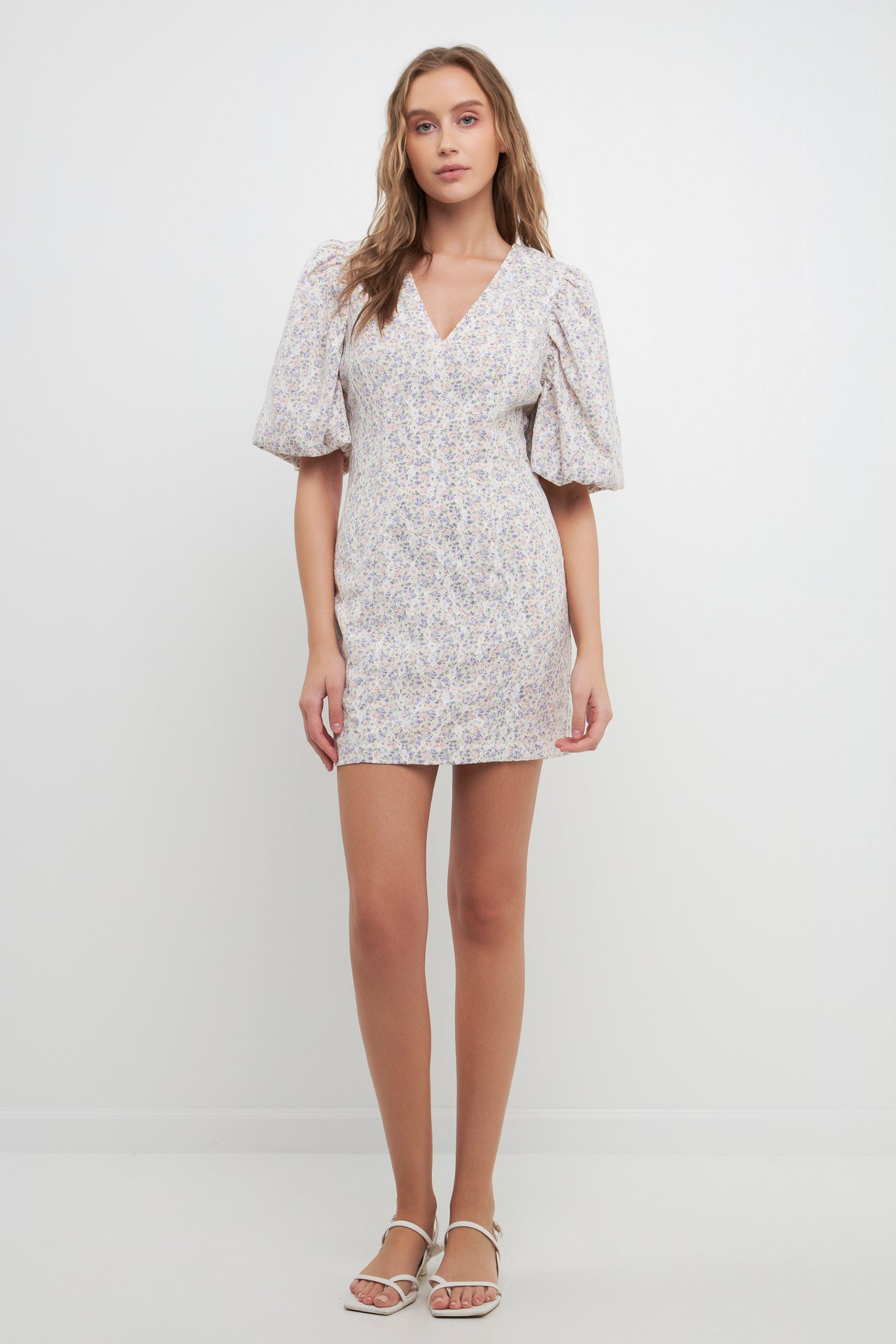 Free the Roses - Floral Balloon Sleeve Dress with Lace Texture CREAM MULTI / XS