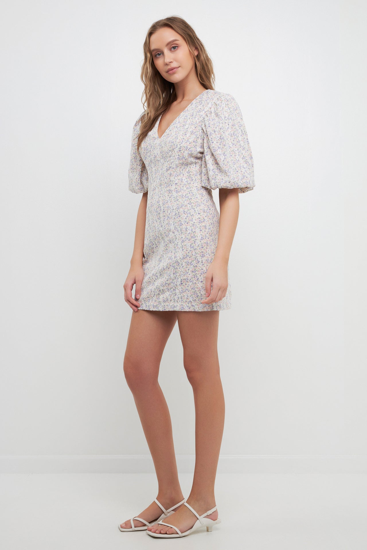 FREE THE ROSES - Floral Balloon Sleeve Dress with Lace Texture - DRESSES available at Objectrare