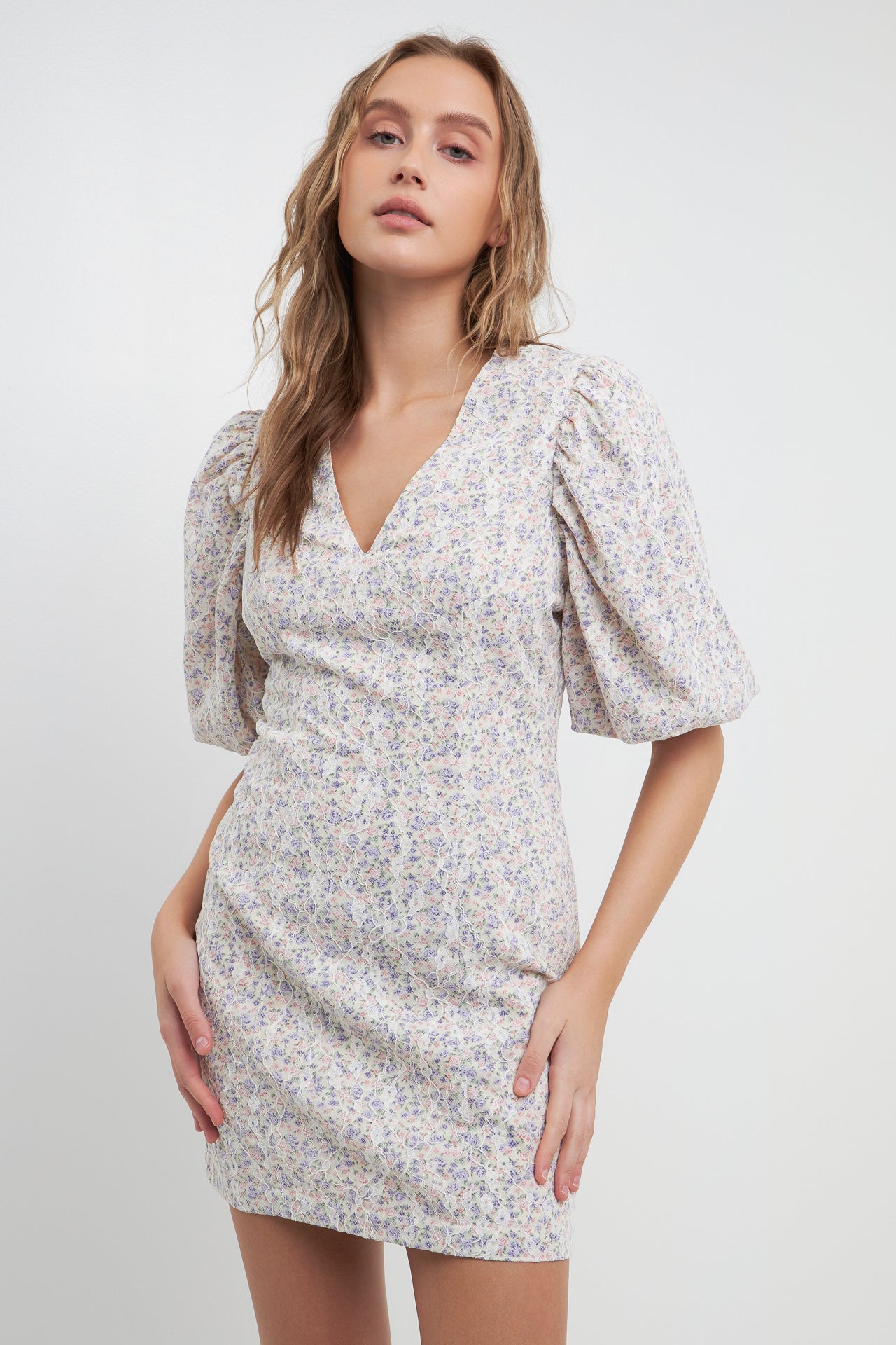 FREE THE ROSES - Floral Balloon Sleeve Dress with Lace Texture - DRESSES available at Objectrare