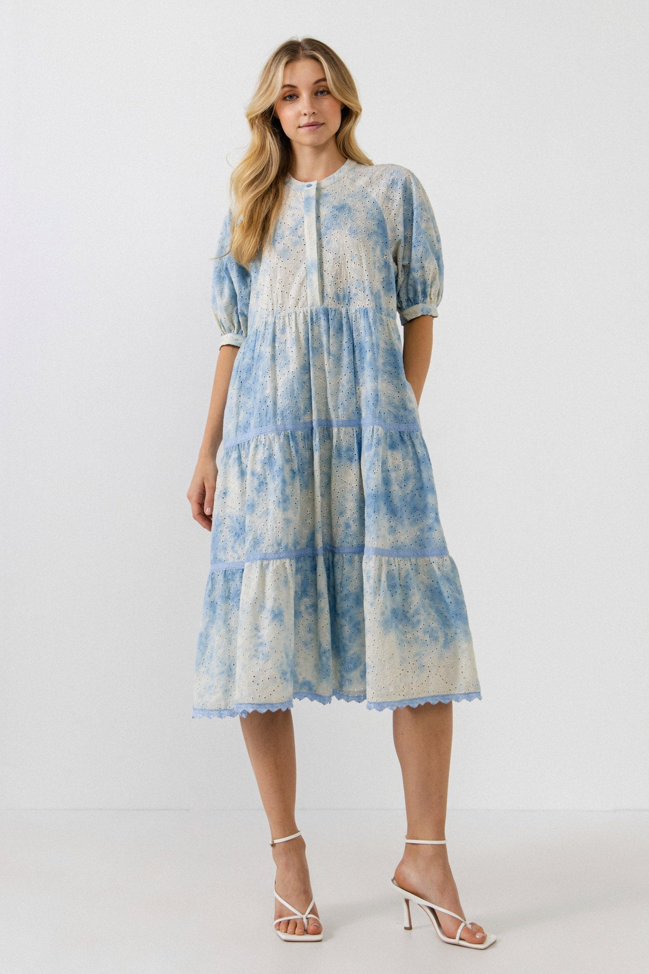 Free the Roses - Paisley Eyelet Midi Dress with Tie-dye Effect Blue / S Free the Roses - Paisley Eyelet Midi Dress with Tie-dye Effect Blue / S