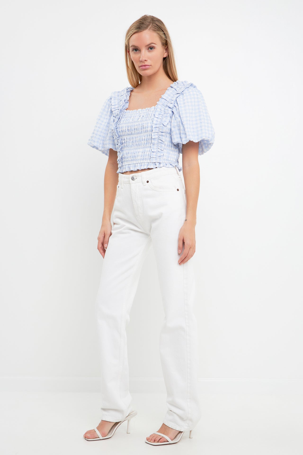 ENGLISH FACTORY - Gingham Smocked Puff Sleeve Top - TOPS available at Objectrare