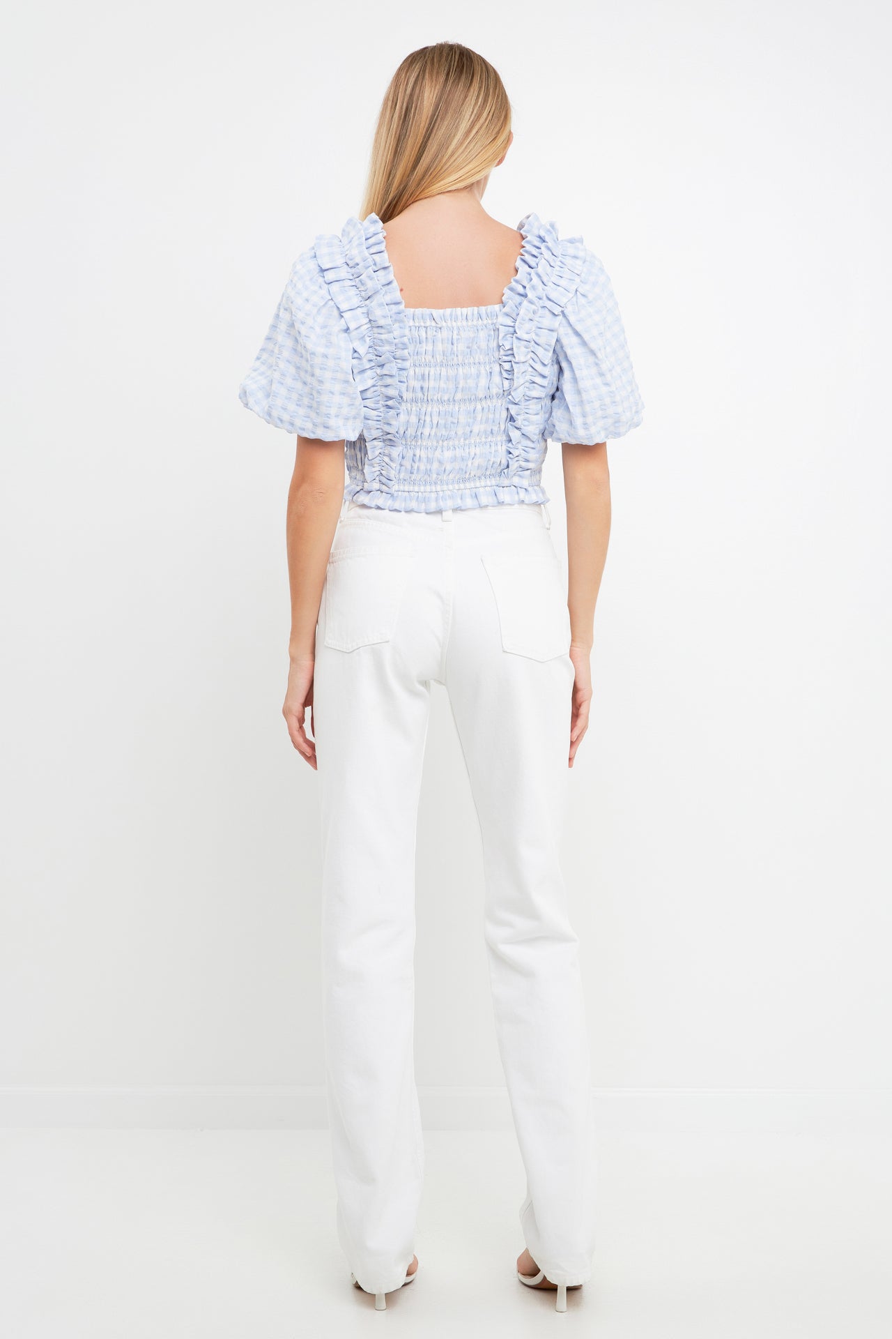 ENGLISH FACTORY - Gingham Smocked Puff Sleeve Top - TOPS available at Objectrare