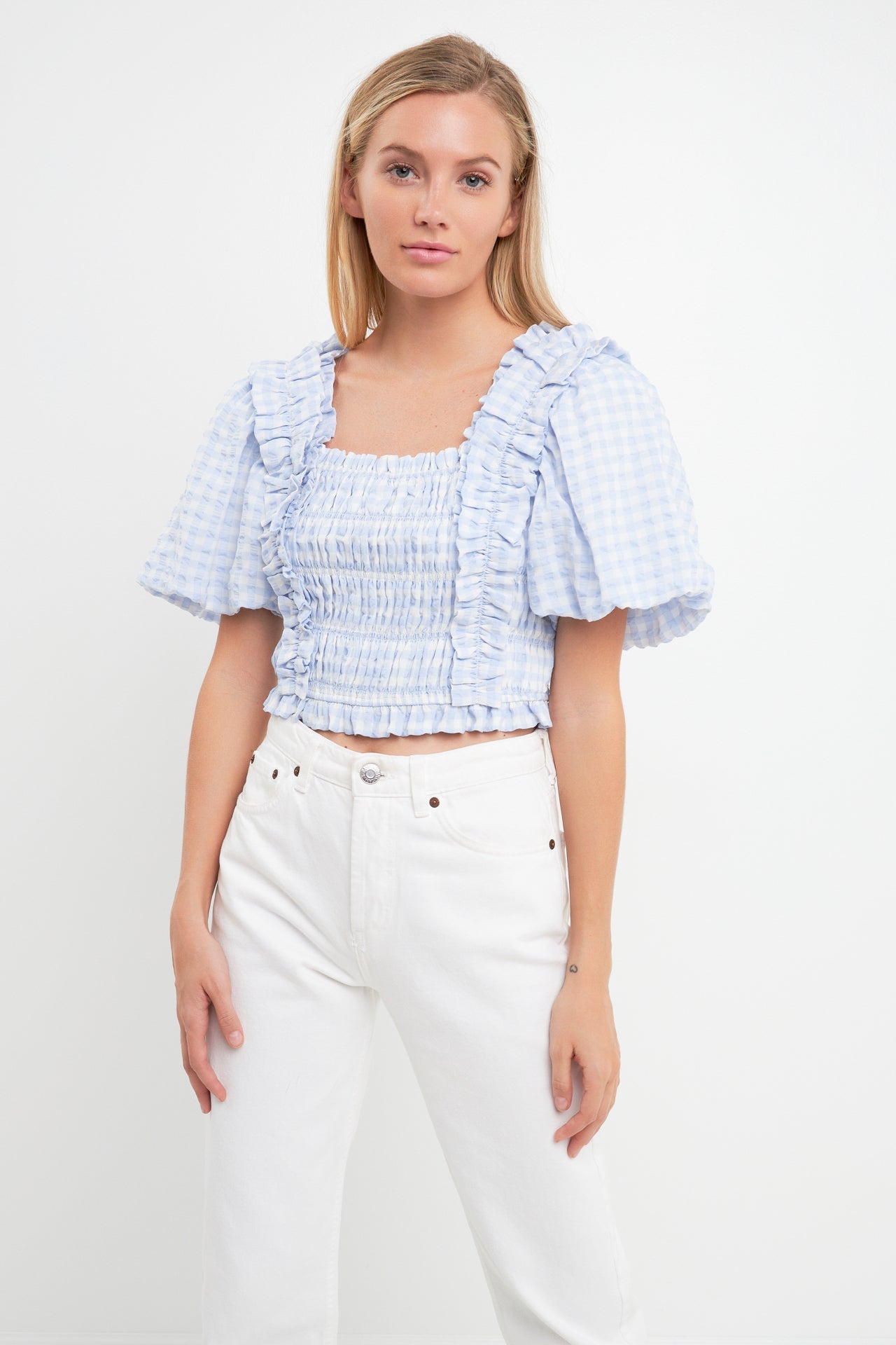 ENGLISH FACTORY - Gingham Smocked Puff Sleeve Top - TOPS available at Objectrare