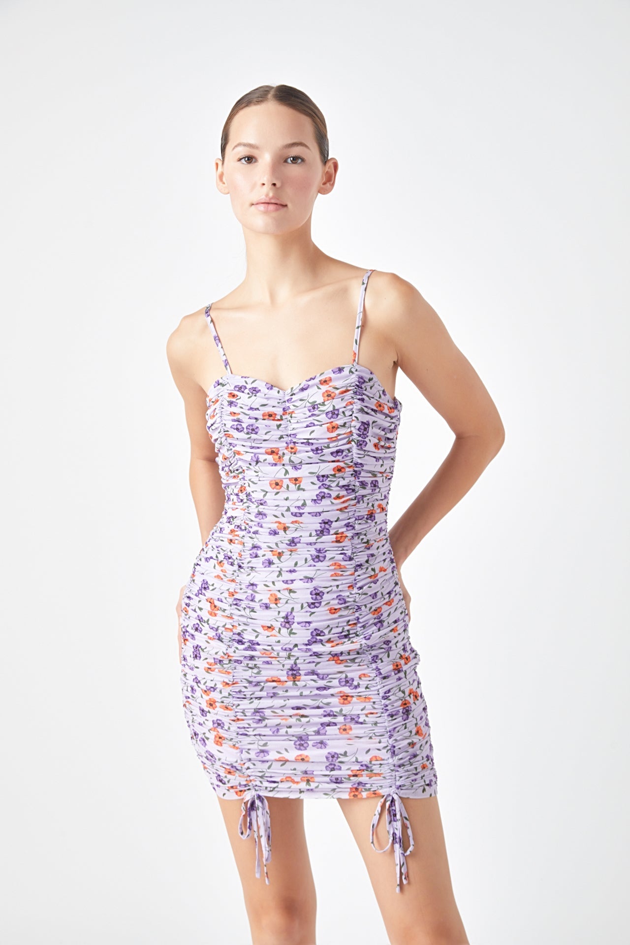 ENDLESS ROSE - Floral Mesh Mini Dress with Ruched Detail - DRESSES available at Objectrare