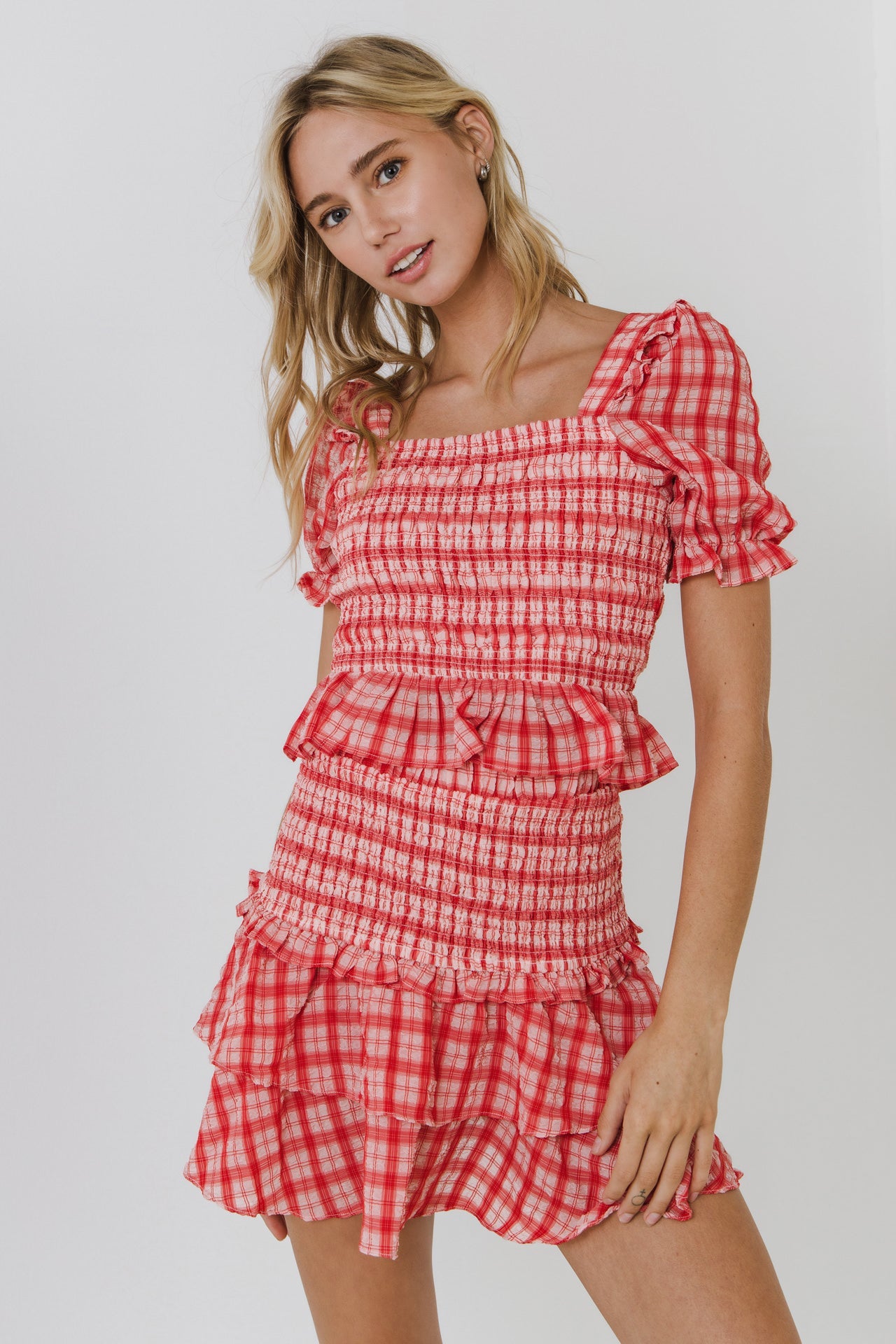 ENGLISH FACTORY - Women's Woven Square Neck Plaid Blouse - TOPS available at Objectrare