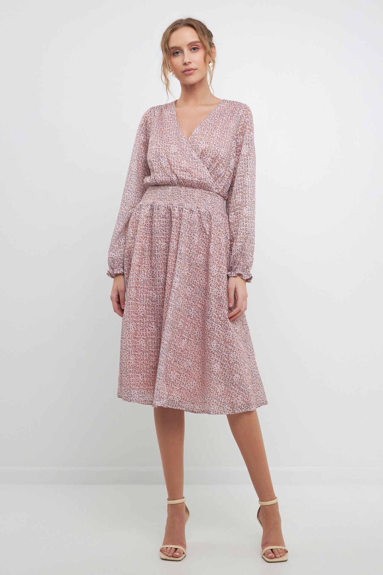 long sleeve smocked midi dress Free The Roses
