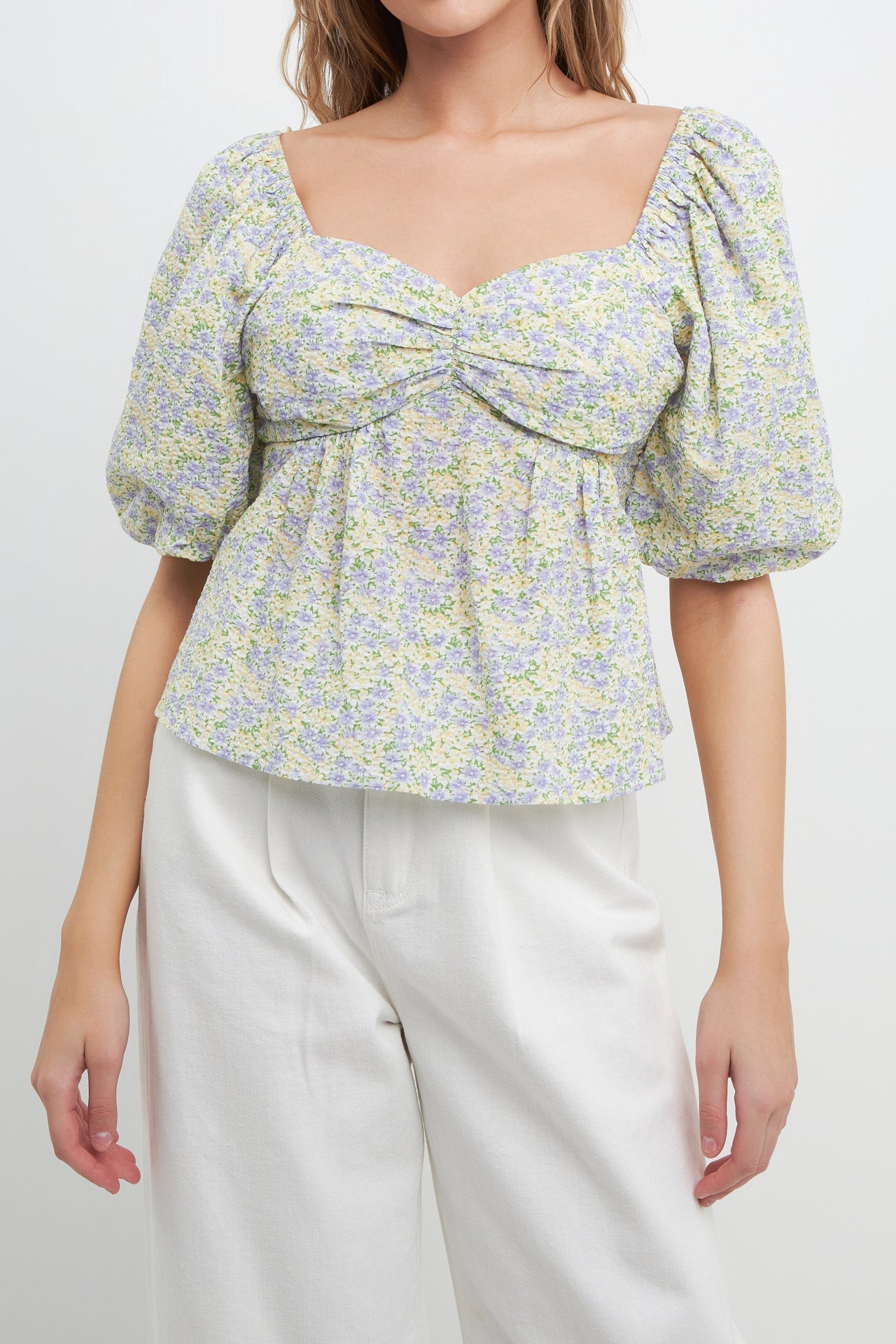 FREE THE ROSES - Short Puff Sleeves Floral Tie Back Top - TOPS available at Objectrare