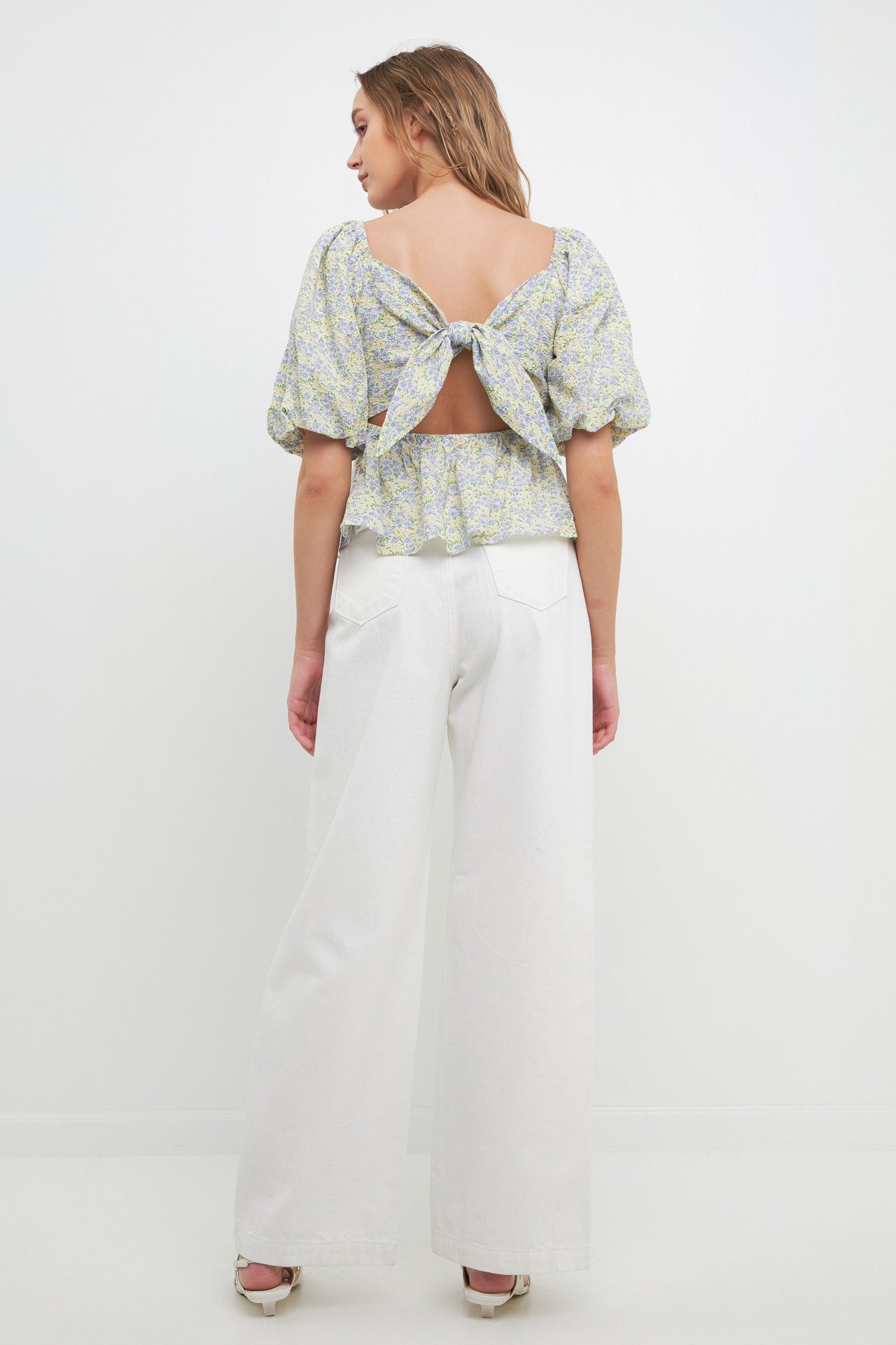 FREE THE ROSES - Short Puff Sleeves Floral Tie Back Top - TOPS available at Objectrare