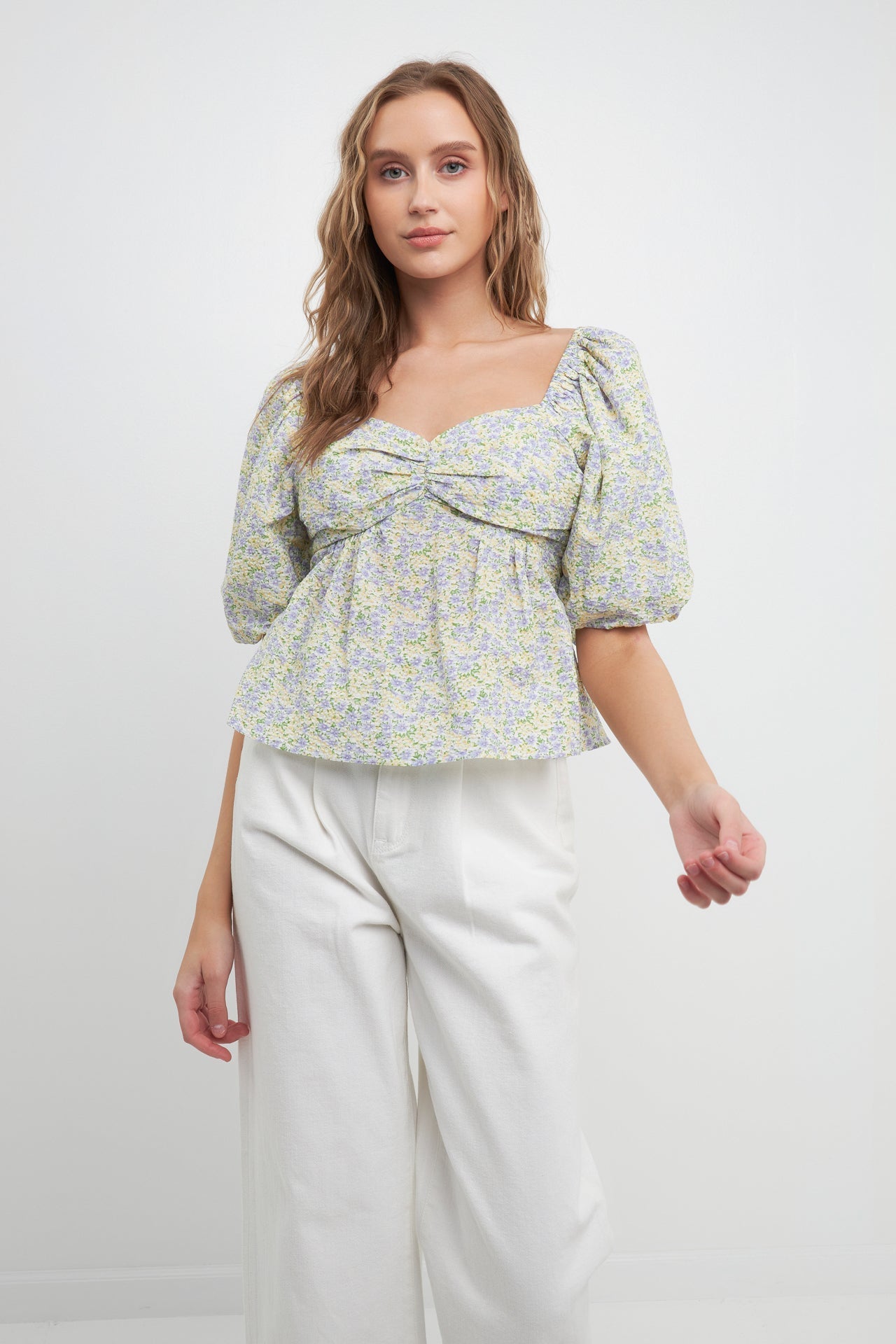 FREE THE ROSES - Short Puff Sleeves Floral Tie Back Top - TOPS available at Objectrare