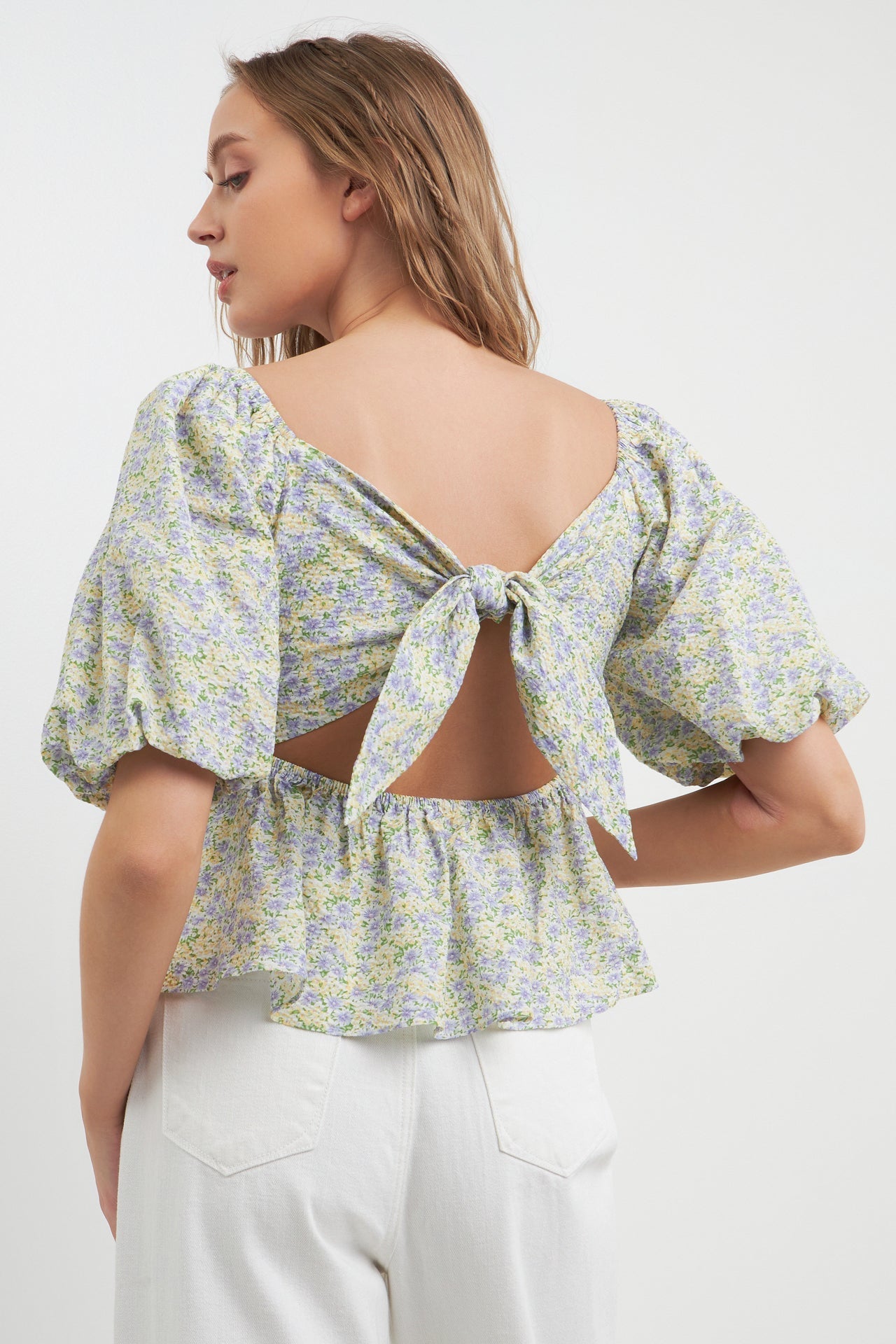 FREE THE ROSES - Short Puff Sleeves Floral Tie Back Top - TOPS available at Objectrare