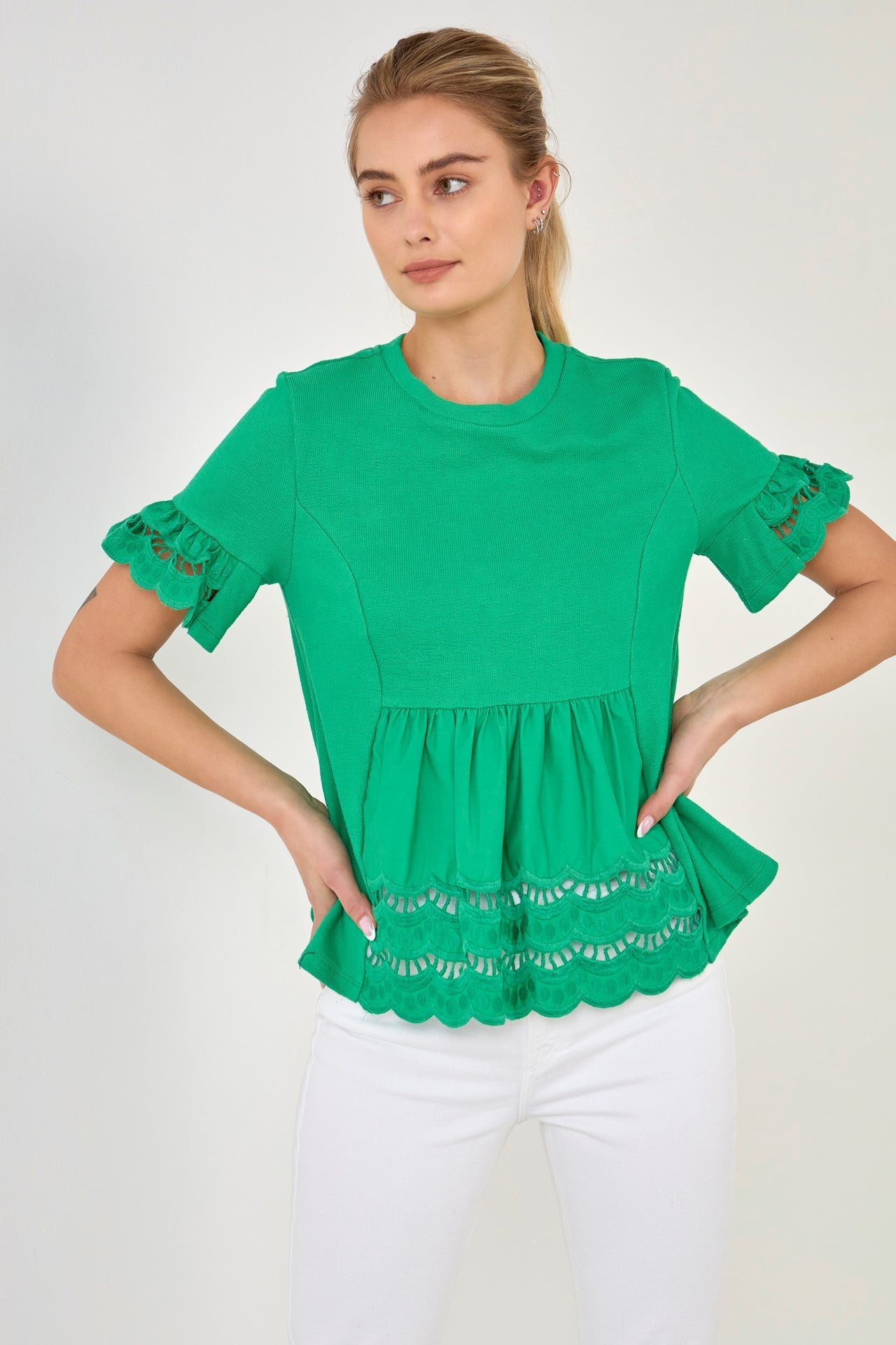 ENGLISH FACTORY - Knit Eyelet Mixed T-Shirts - TOPS available at Objectrare