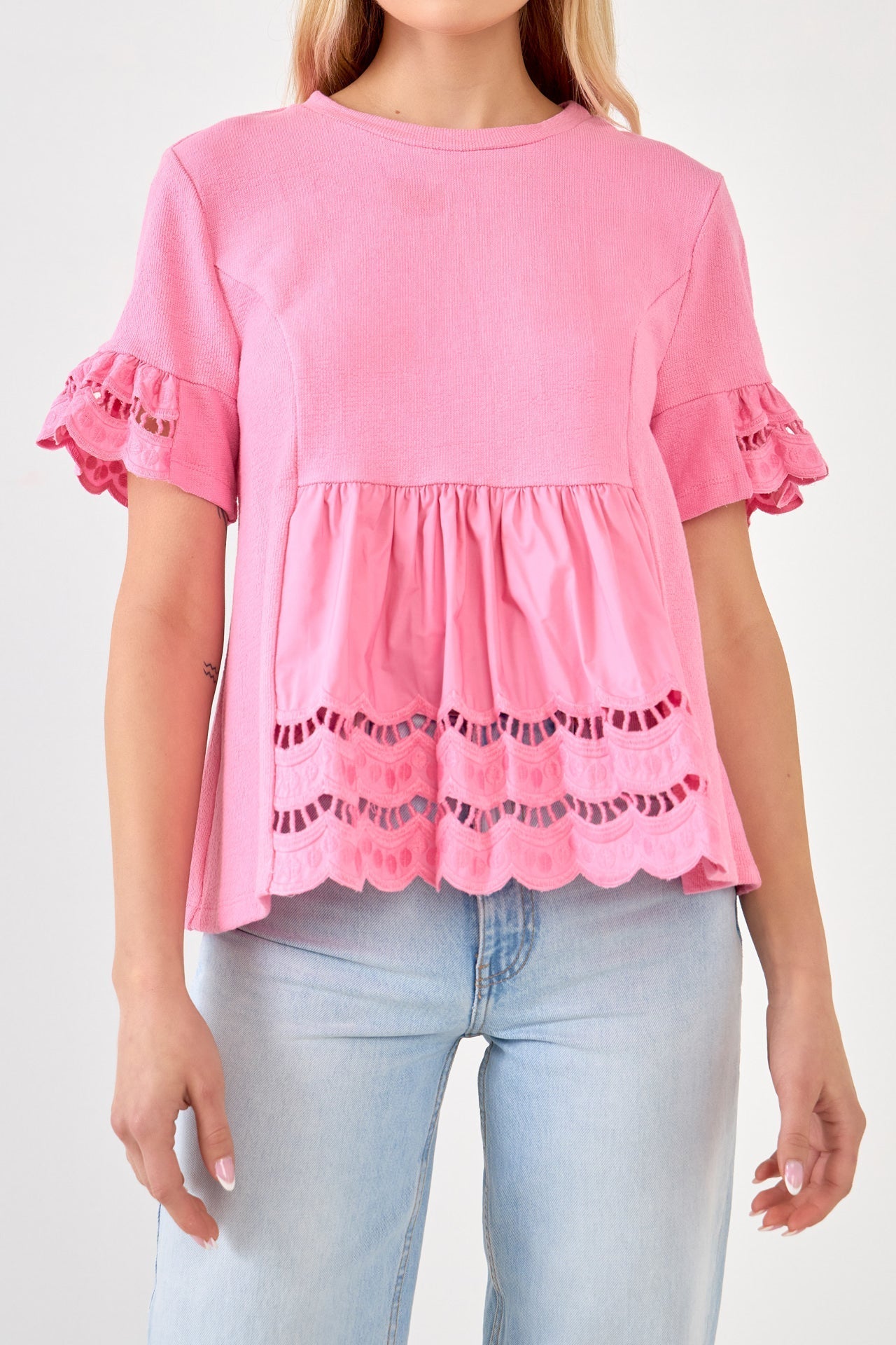 ENGLISH FACTORY - Knit Eyelet Mixed T-Shirts - TOPS available at Objectrare