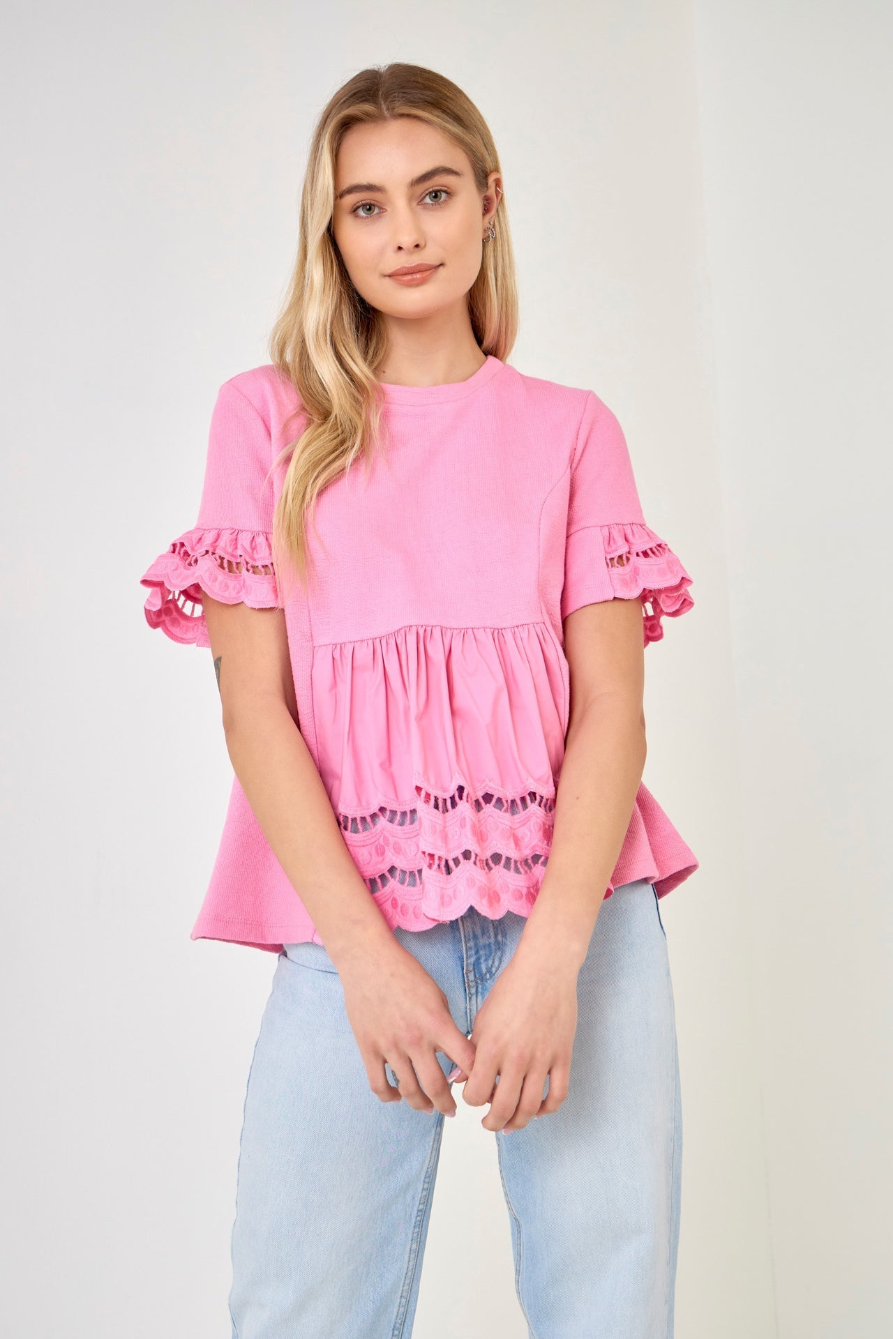 ENGLISH FACTORY - Knit Eyelet Mixed T-Shirts - TOPS available at Objectrare