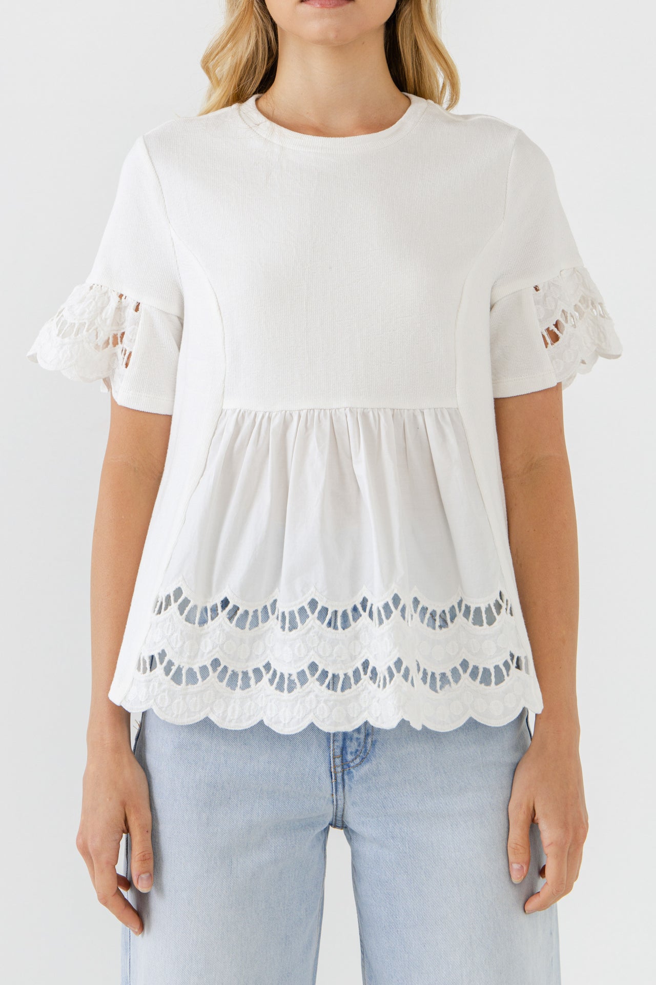 ENGLISH FACTORY - Knit Eyelet Mixed T-Shirts - TOPS available at Objectrare