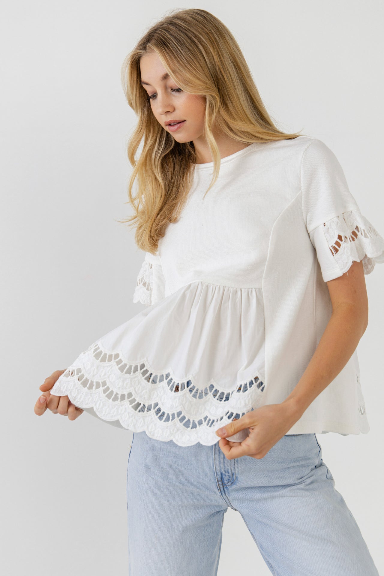 ENGLISH FACTORY - Knit Eyelet Mixed T-Shirts - TOPS available at Objectrare