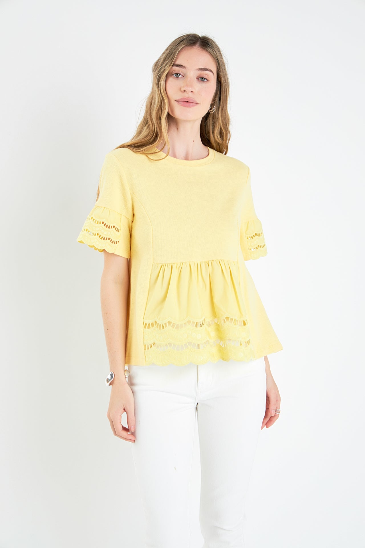 ENGLISH FACTORY - Knit Eyelet Mixed T-Shirts - TOPS available at Objectrare