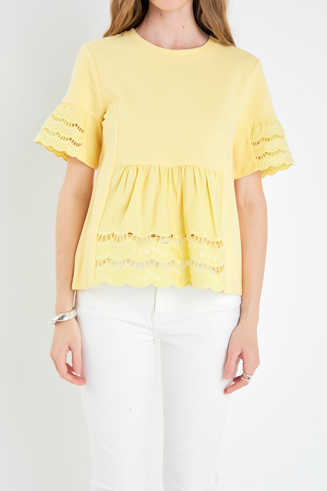 ENGLISH FACTORY - Knit Eyelet Mixed T-Shirts - TOPS available at Objectrare