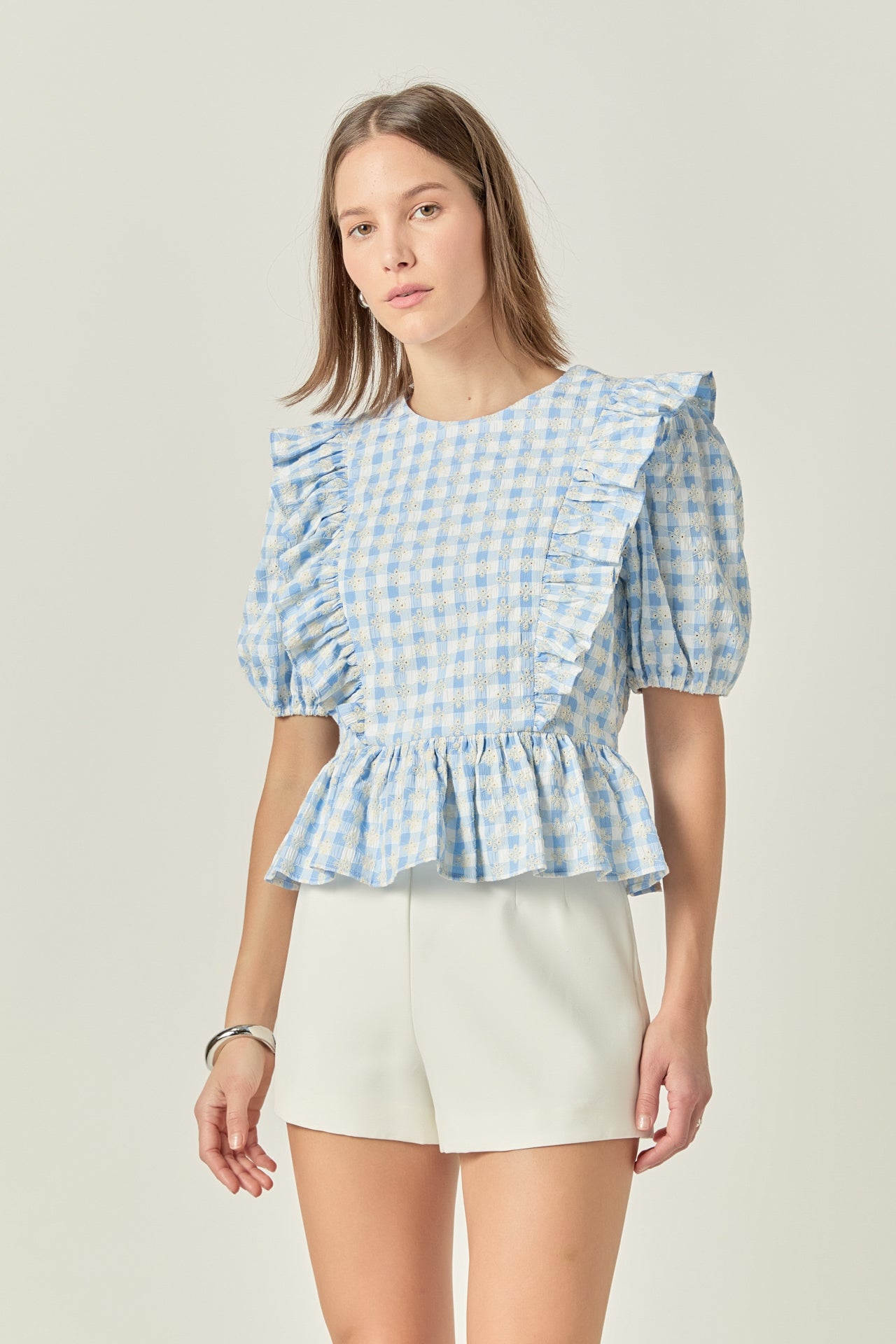 ENGLISH FACTORY - Embroidered Gingham Checked Ruffle Top - TOPS available at Objectrare