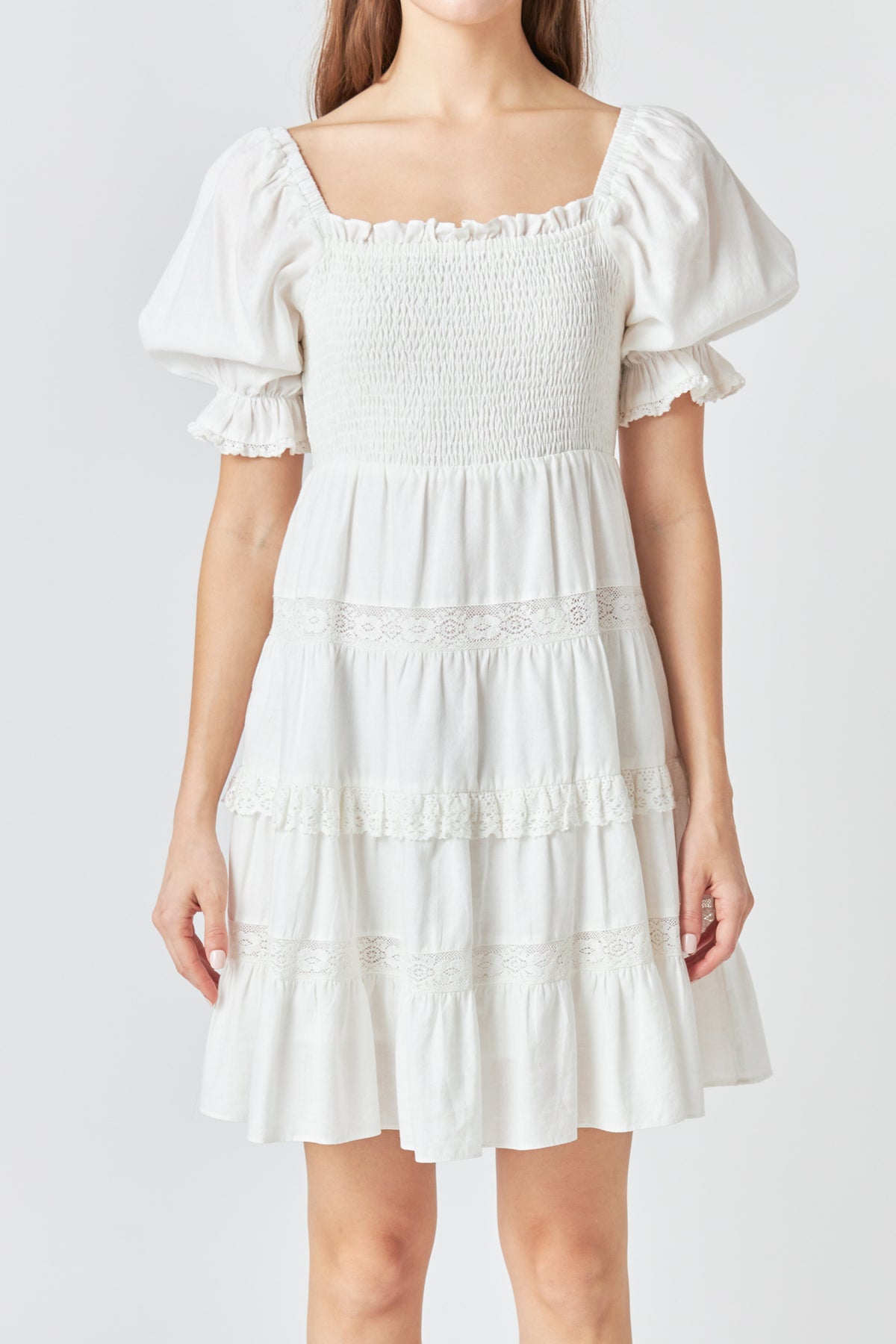 Linen Smocked Mini Dress with Lace