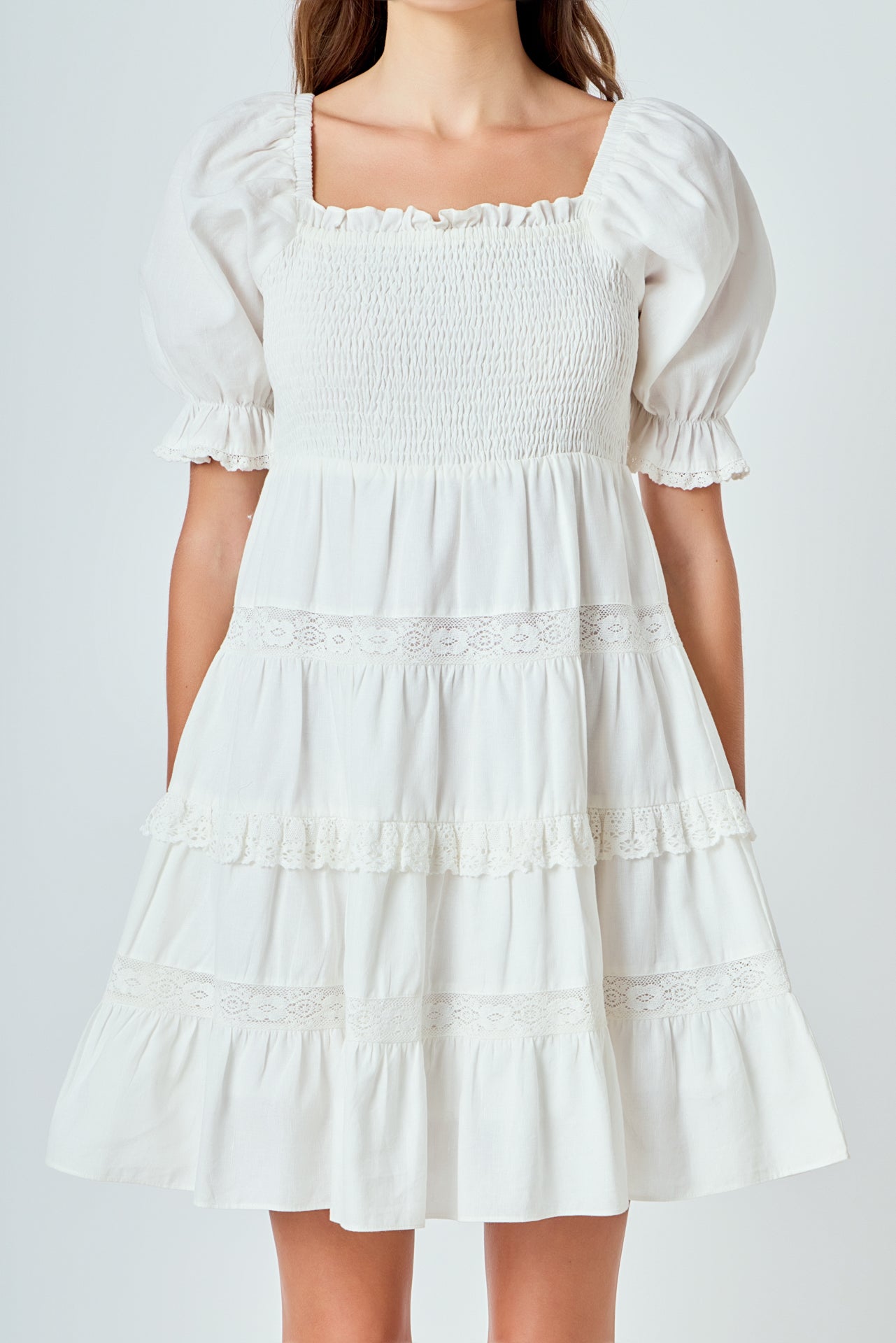 ENDLESS ROSE - Linen Smocked Mini Dress with Lace - DRESSES available at Objectrare