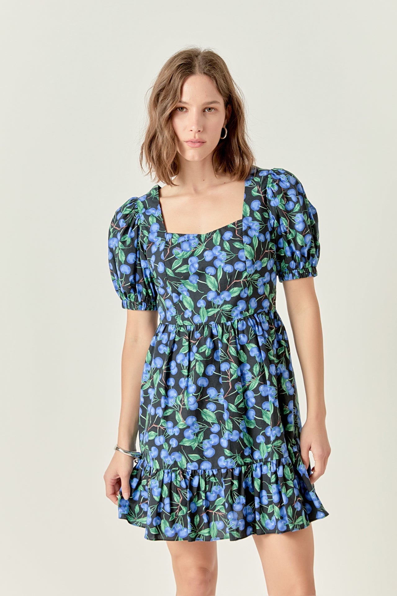 ENGLISH FACTORY - Blueberry Print Mini Dress with Puff Sleeves - DRESSES available at Objectrare
