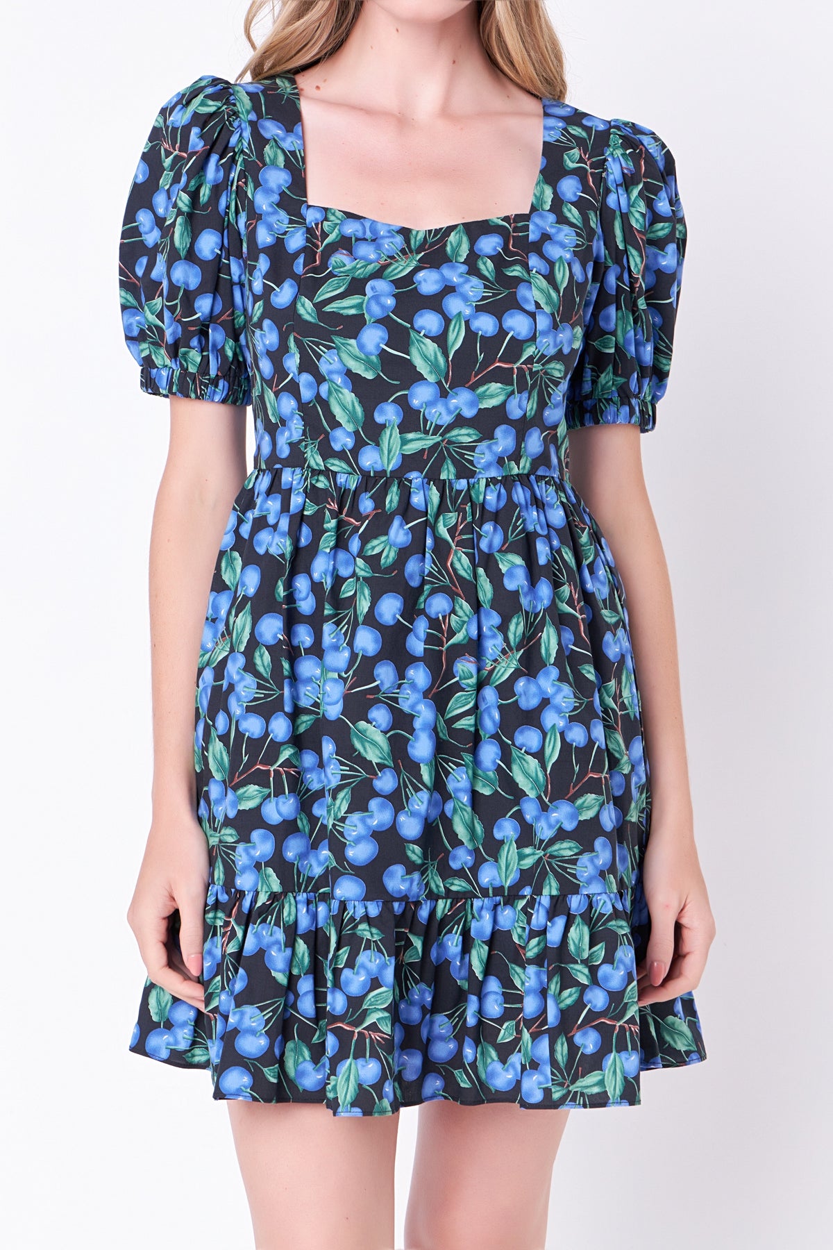 ENGLISH FACTORY - Blueberry Print Mini Dress with Puff Sleeves - DRESSES available at Objectrare