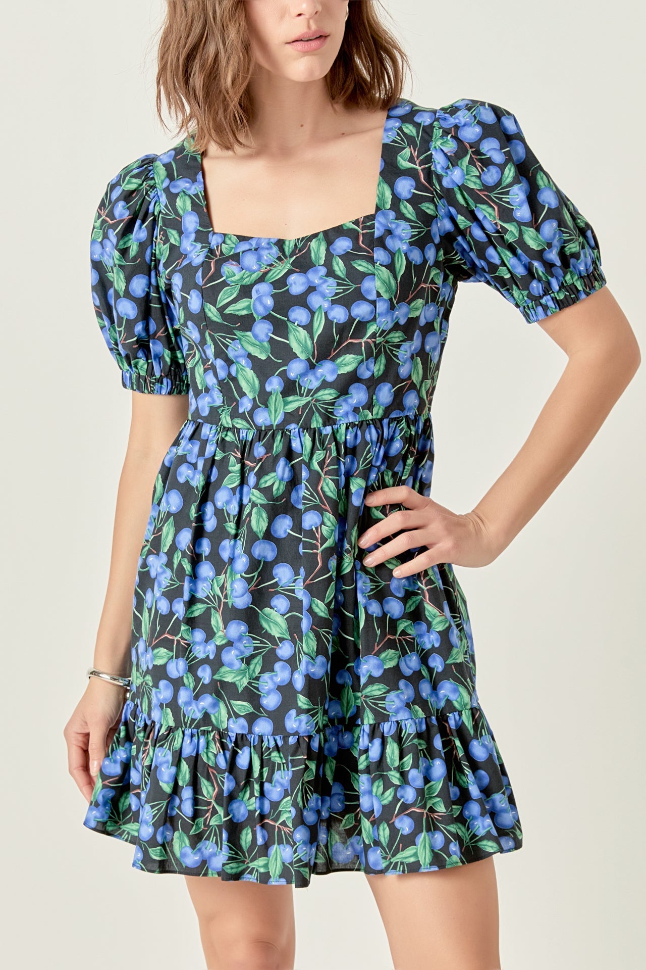 ENGLISH FACTORY - Blueberry Print Mini Dress with Puff Sleeves - DRESSES available at Objectrare