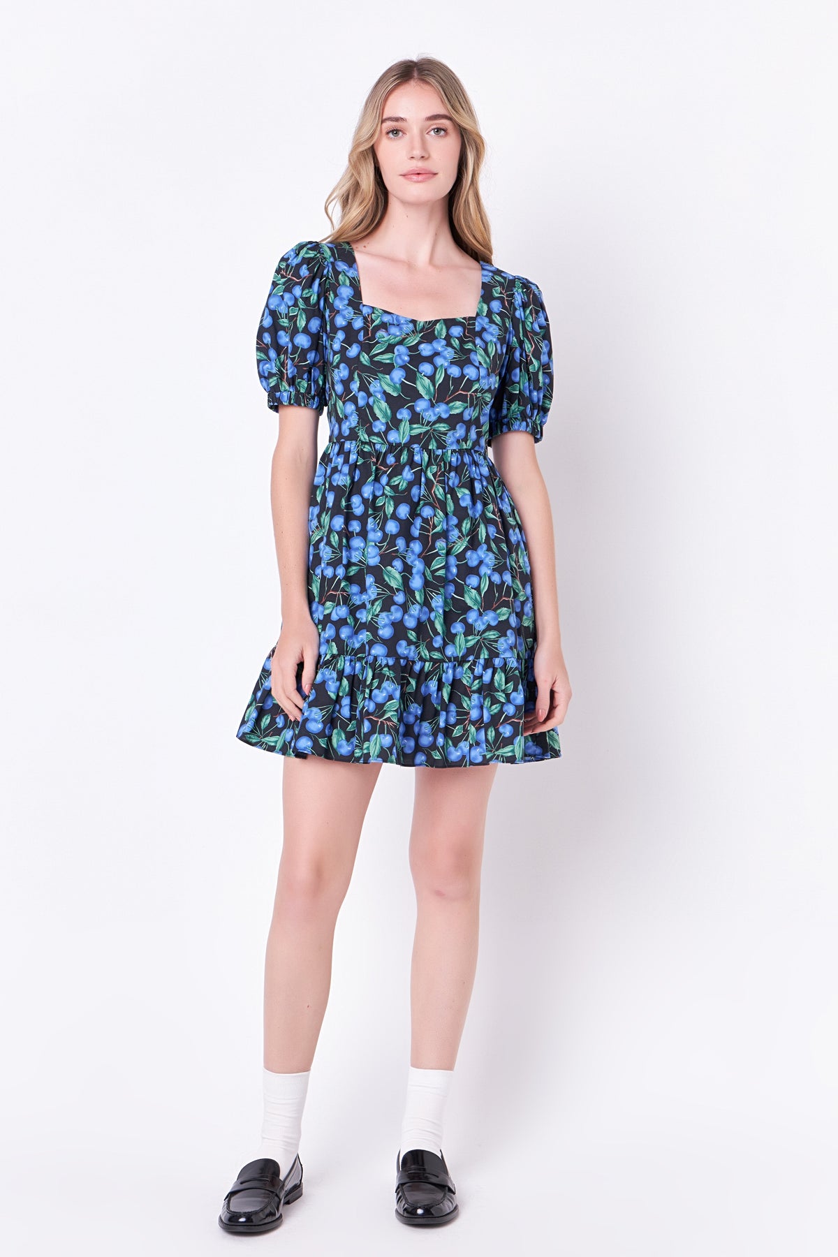 ENGLISH FACTORY - Blueberry Print Mini Dress with Puff Sleeves - DRESSES available at Objectrare