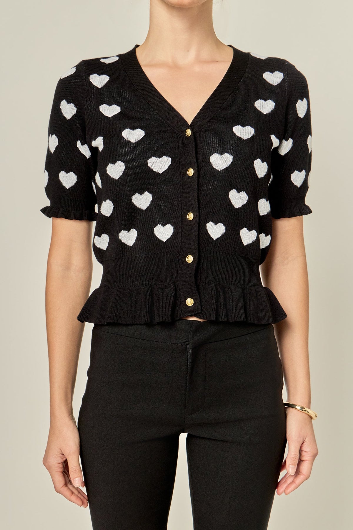 ENGLISH FACTORY - Heart Print Puff Sleeve Cardigan - SWEATERS & KNITS available at Objectrare