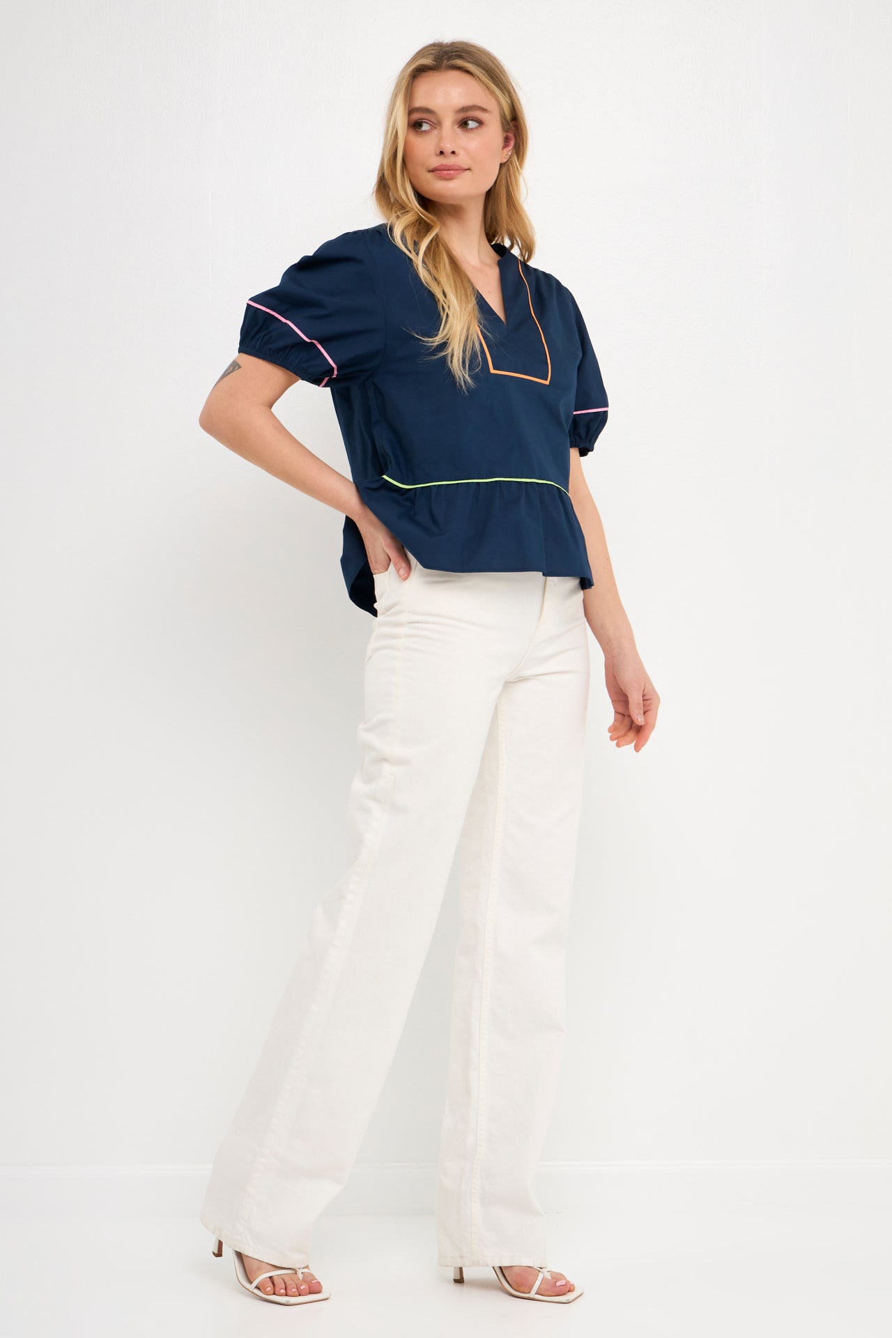 ENGLISH FACTORY - Piping Detail Top with Short Puff Sleeves - SHIRTS available at Objectrare