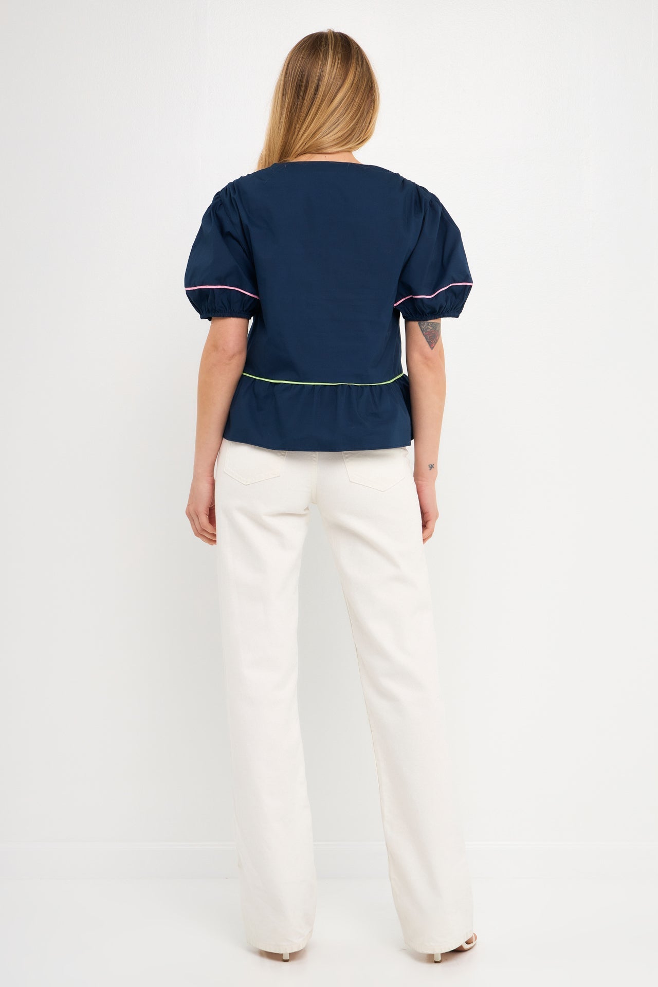 ENGLISH FACTORY - Piping Detail Top with Short Puff Sleeves - SHIRTS available at Objectrare