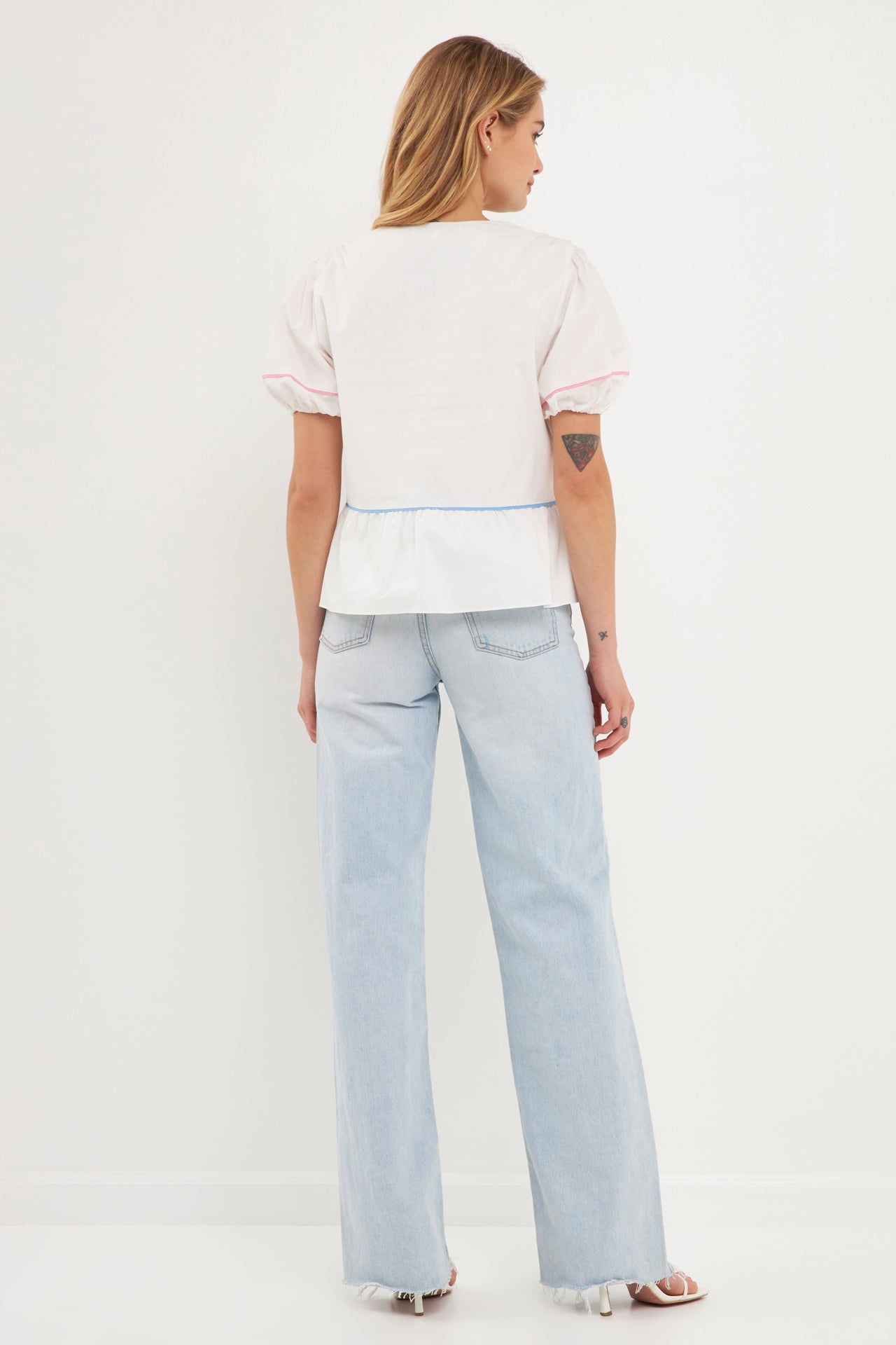 ENGLISH FACTORY - Piping Detail Top with Short Puff Sleeves - SHIRTS available at Objectrare