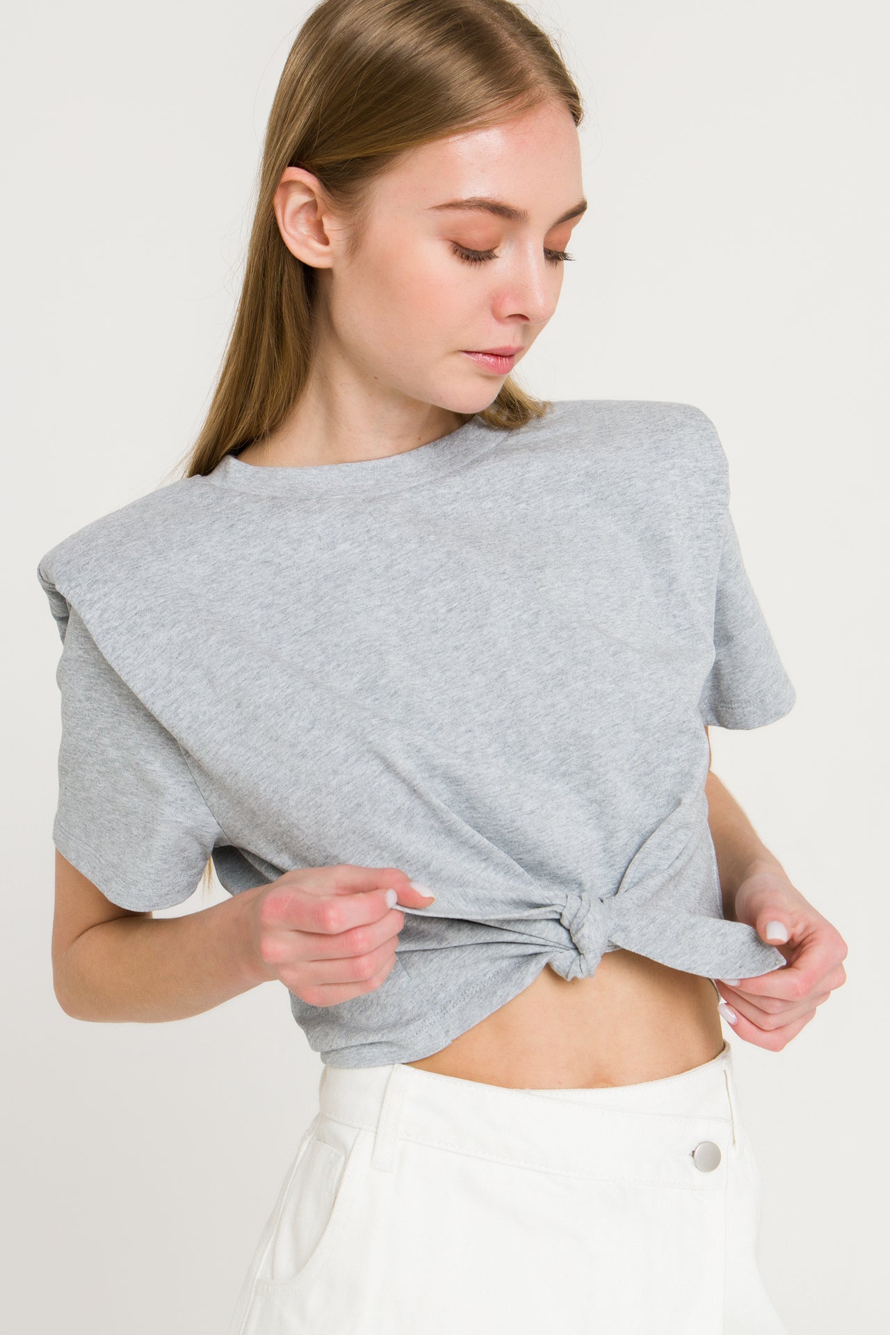 GREY LAB - Shoulder Pad Front Tie T-Shirt - TOPS available at Objectrare