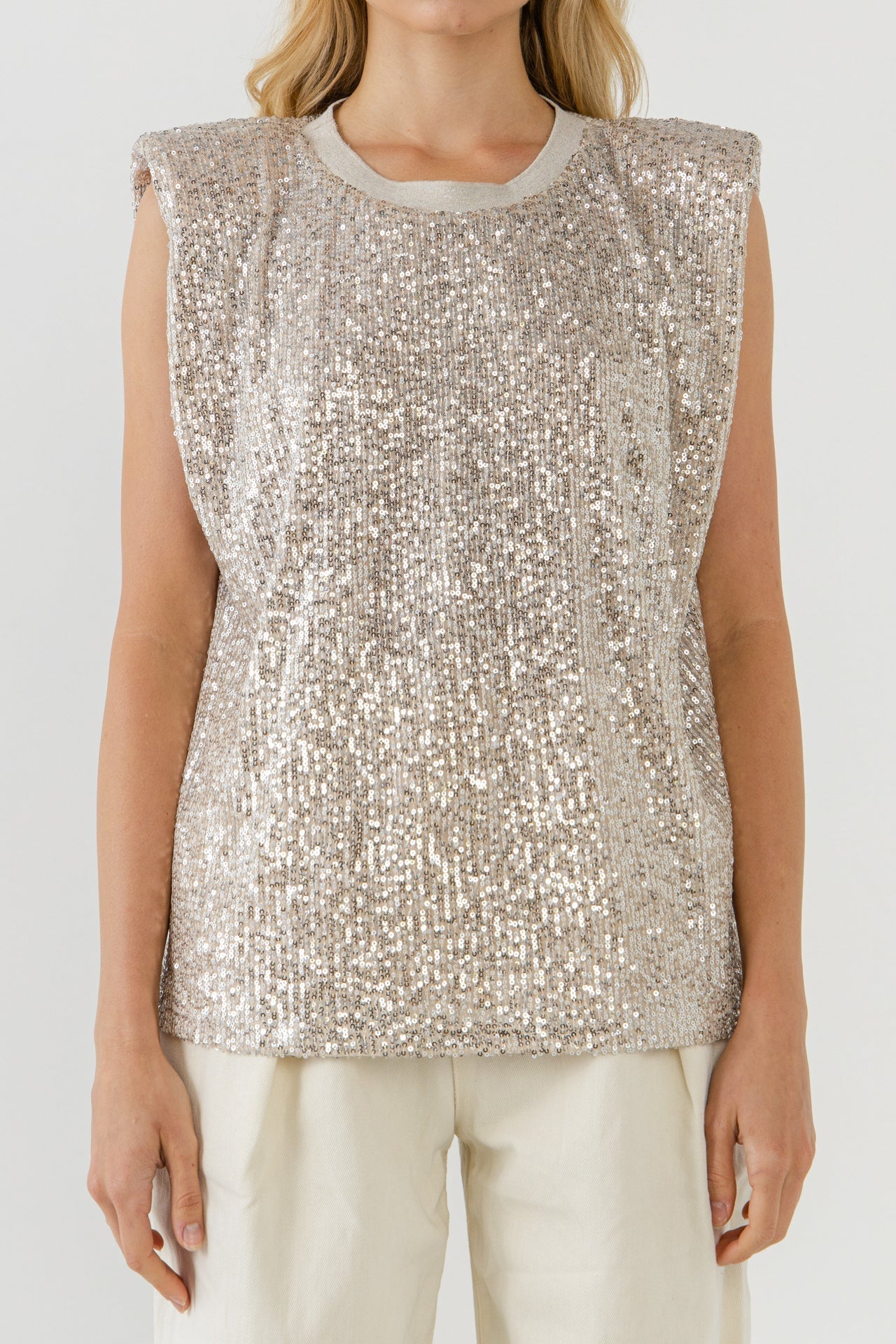 ENDLESS ROSE - Sequin Shoulder Pad Top - T-SHIRTS available at Objectrare