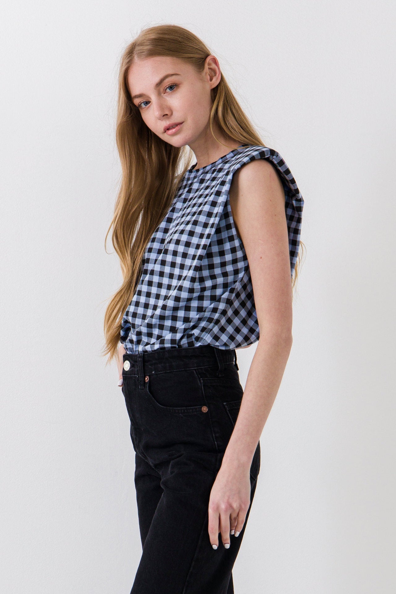 ENDLESS ROSE - Gingham Print Shoulder Pad T-Shirt - T-SHIRTS available at Objectrare