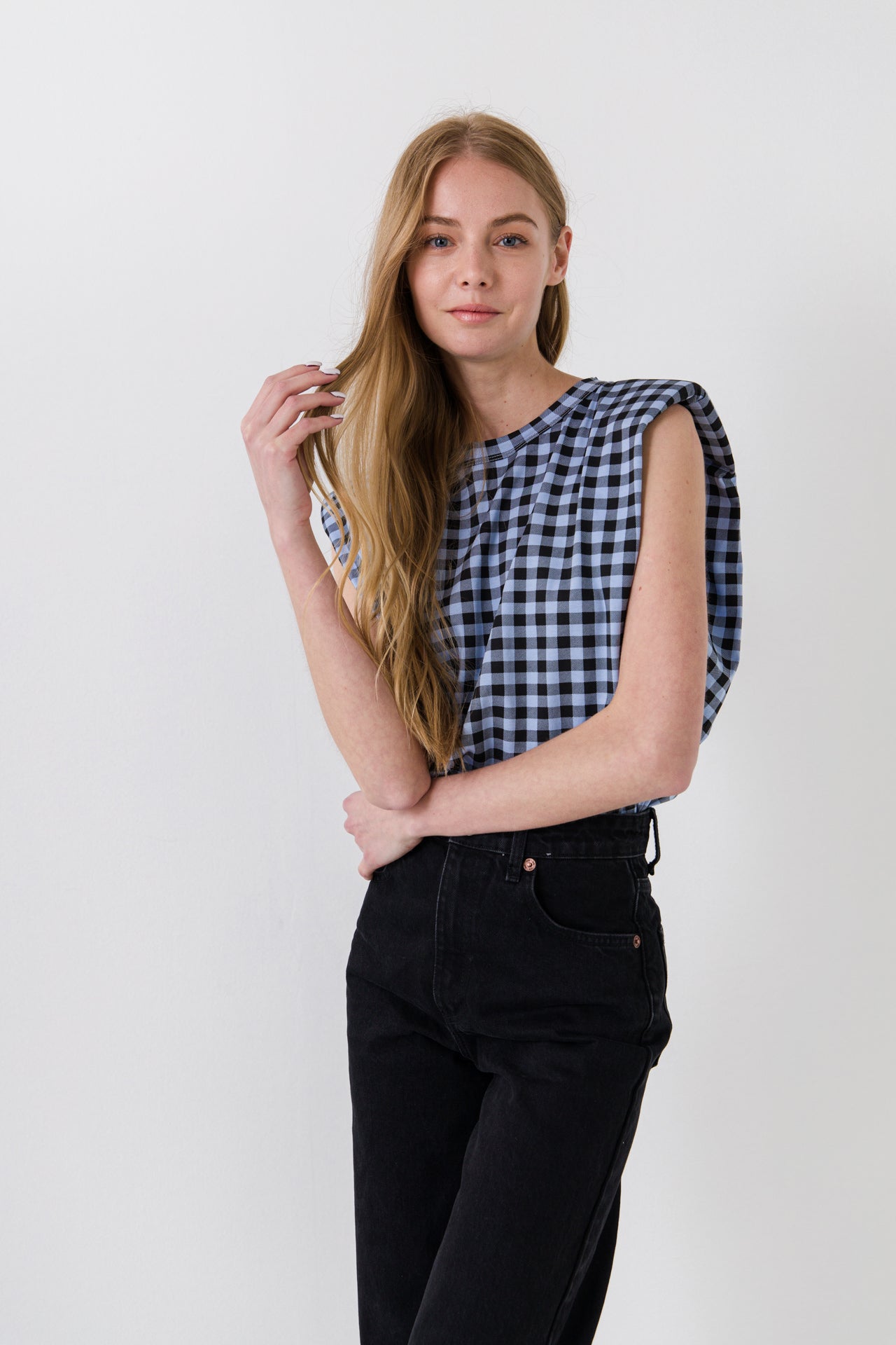 ENDLESS ROSE - Gingham Print Shoulder Pad T-Shirt - T-SHIRTS available at Objectrare
