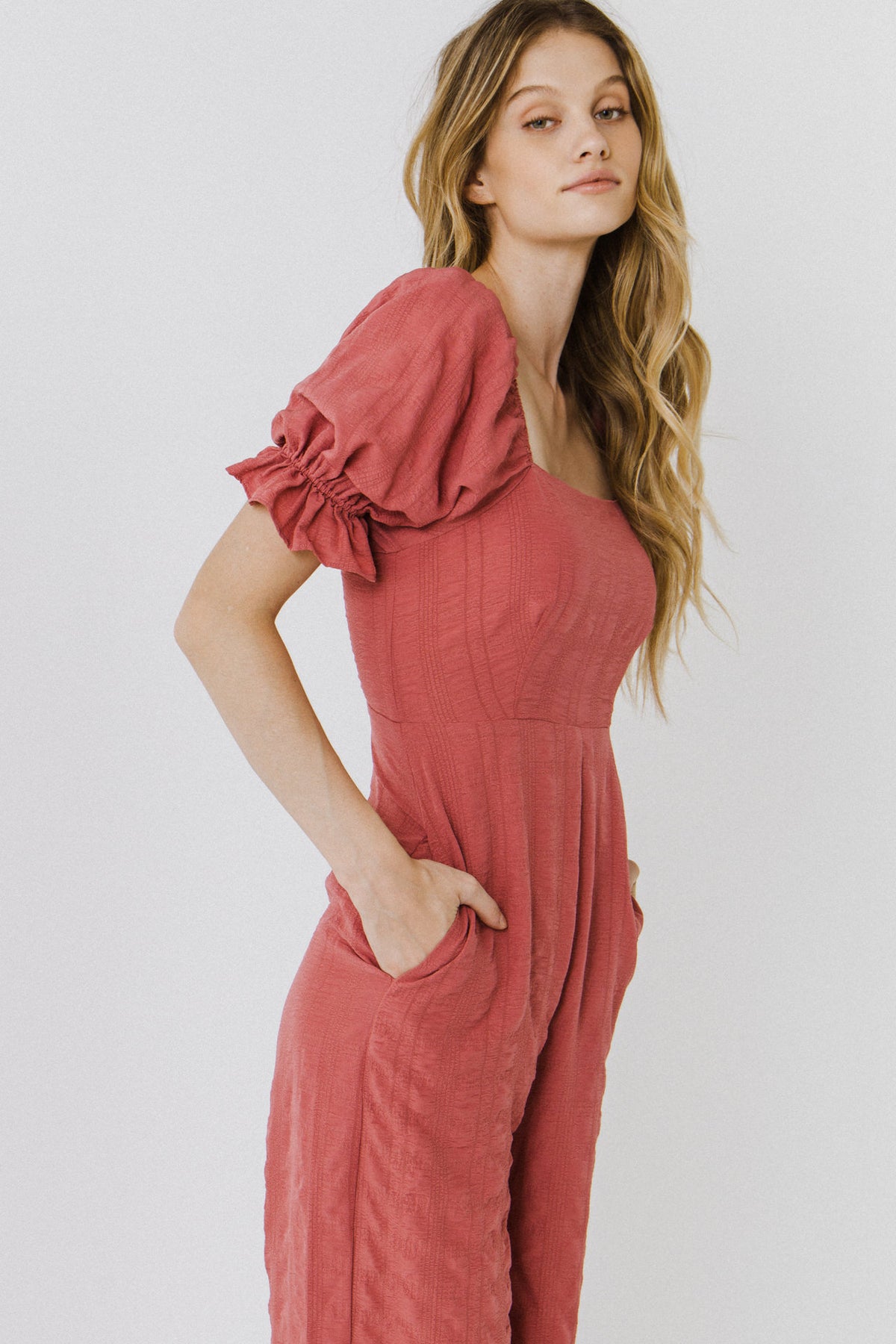 FREE THE ROSES - Textured Square Neck Jumpsuit - JUMPSUITS available at Objectrare