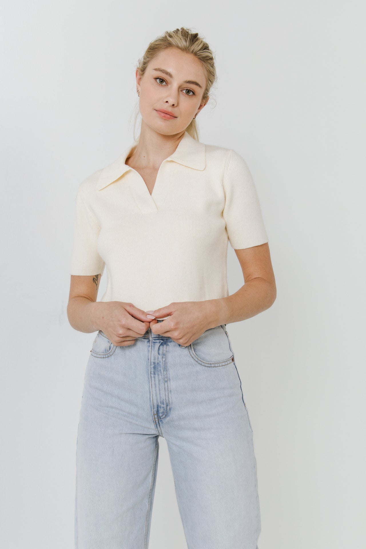 ENGLISH FACTORY - Polo Collar Crop Knit Sweater - SWEATERS & KNITS available at Objectrare
