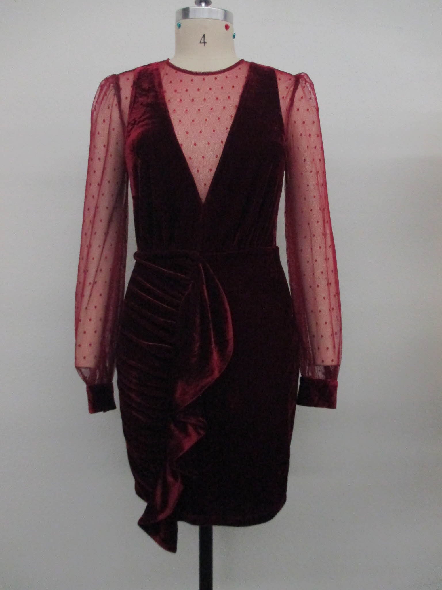 ENDLESS ROSE - Dot Mesh Combo Ruched Dress - DRESSES available at Objectrare