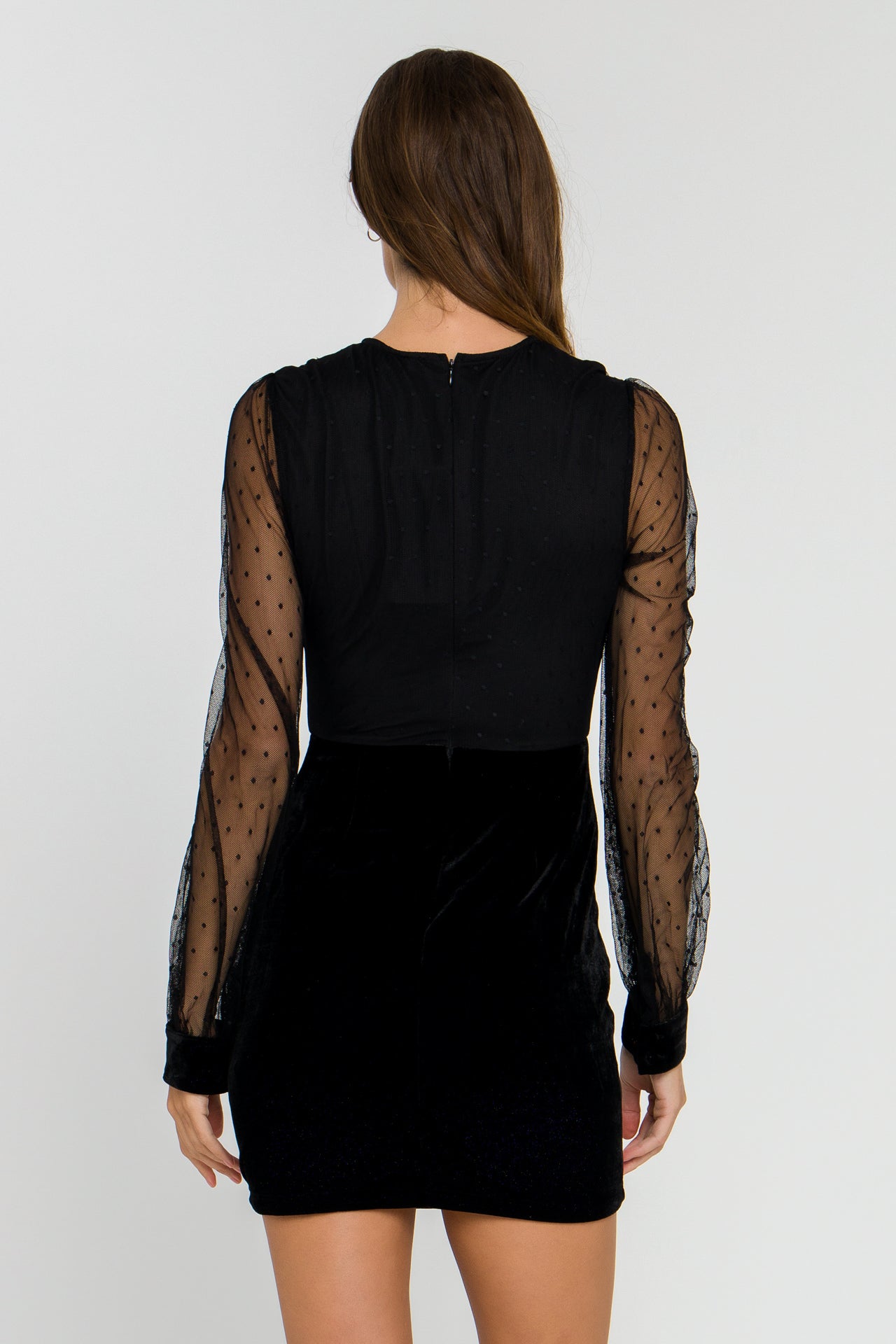 ENDLESS ROSE - Dot Mesh Combo Ruched Dress - DRESSES available at Objectrare