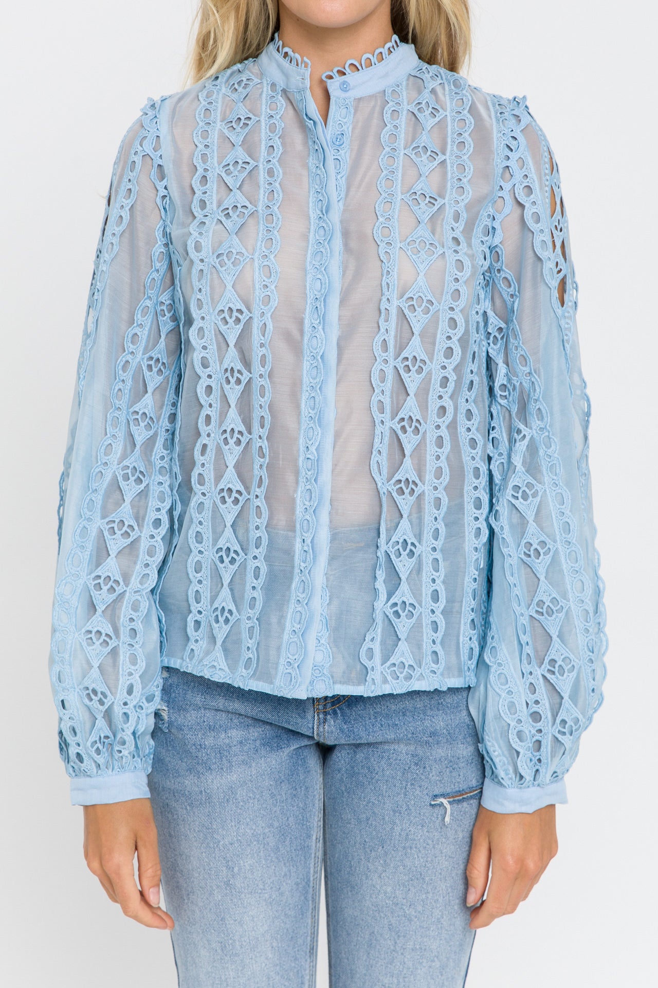 Lace Trimmed Collar Band Blouse