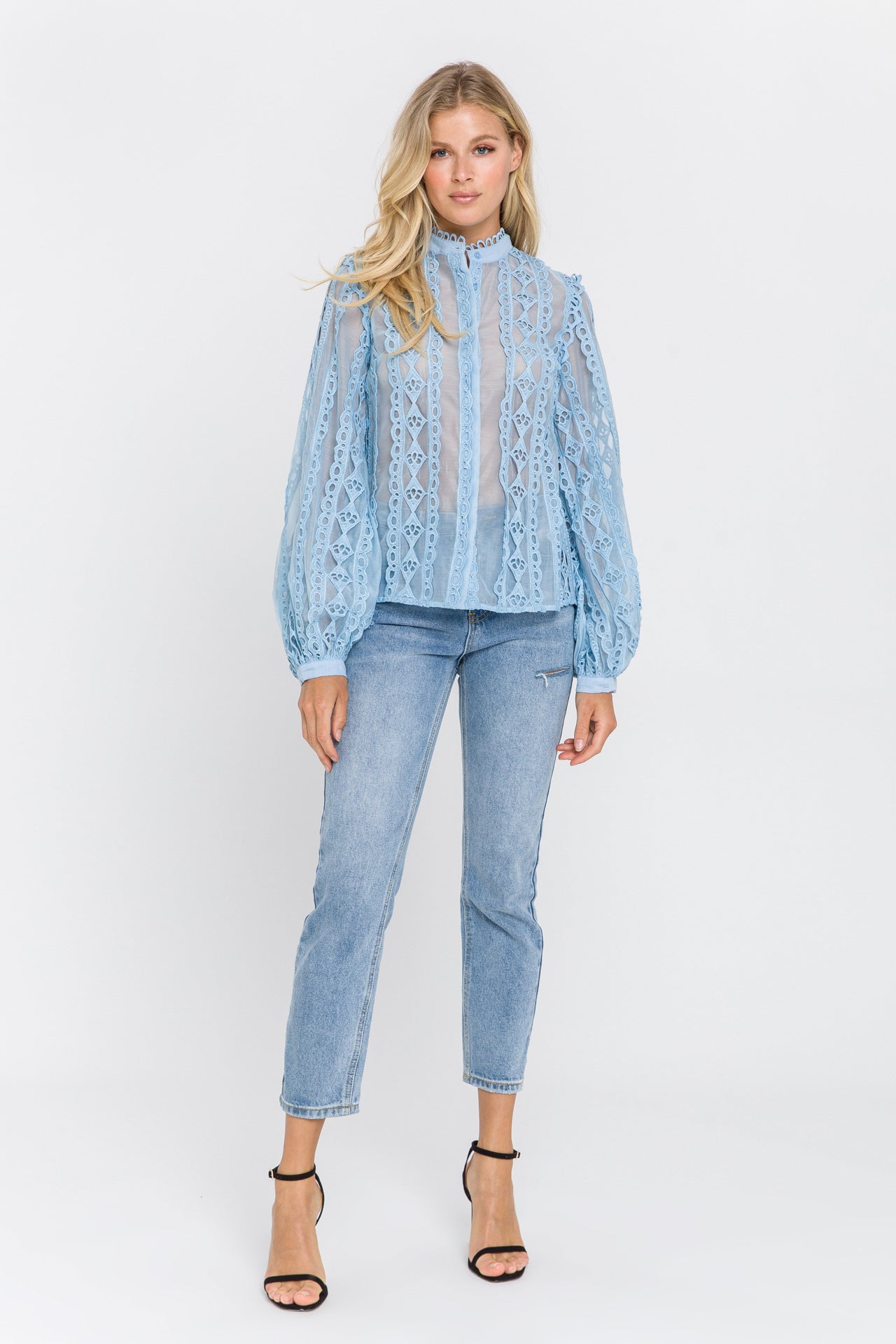 Lace Trimmed Collar Band Blouse