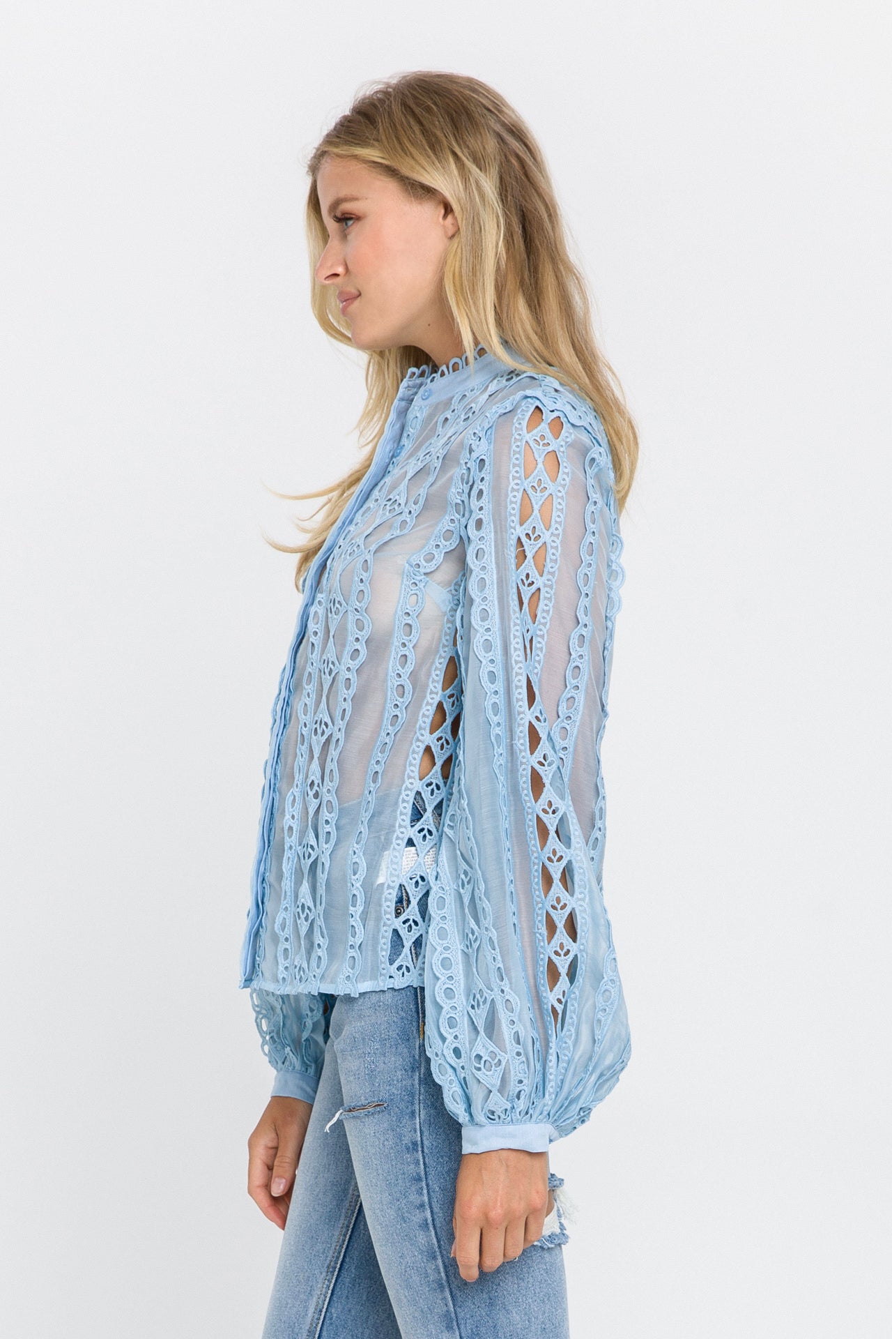 Lace Trimmed Collar Band Blouse