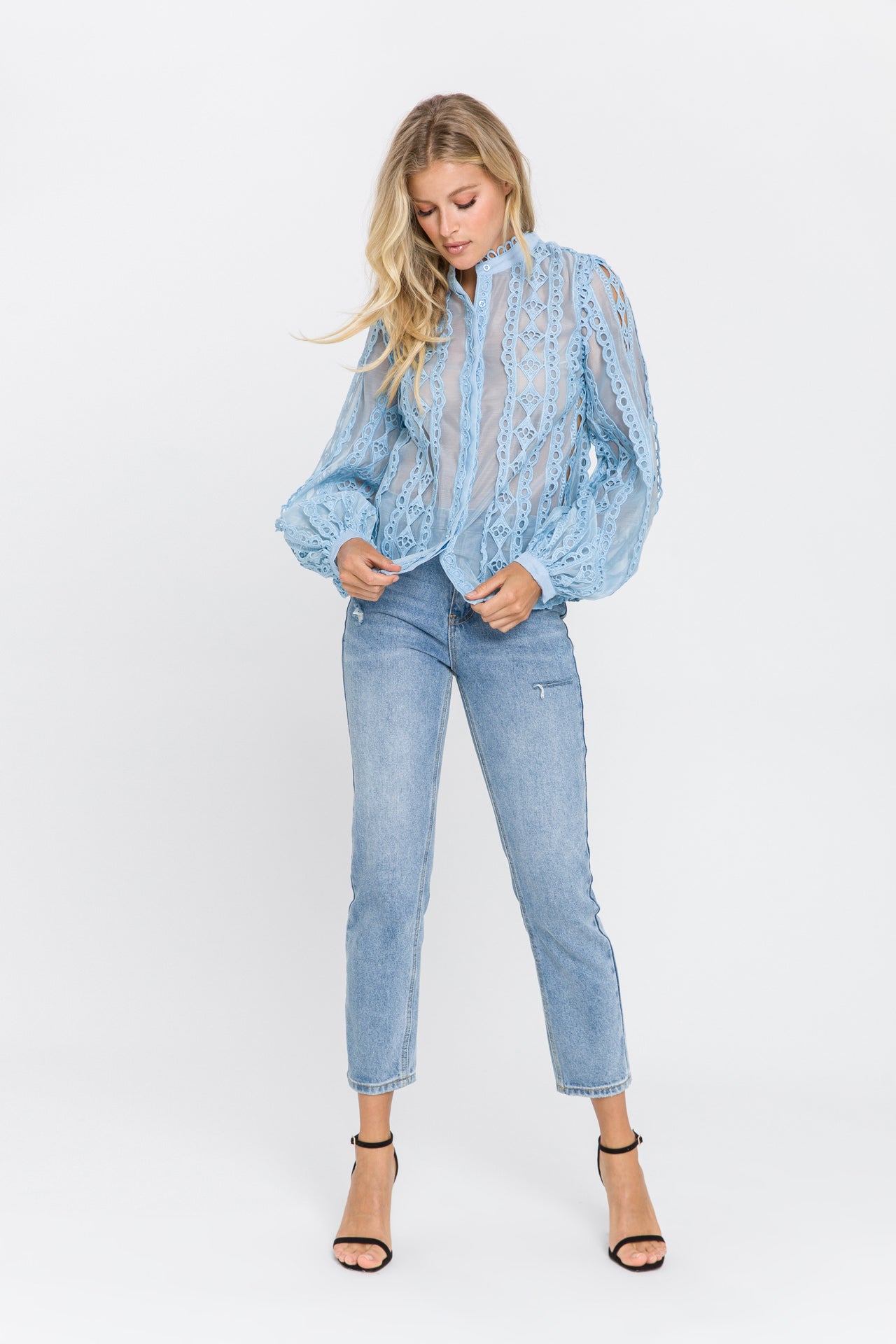 Lace Trimmed Collar Band Blouse