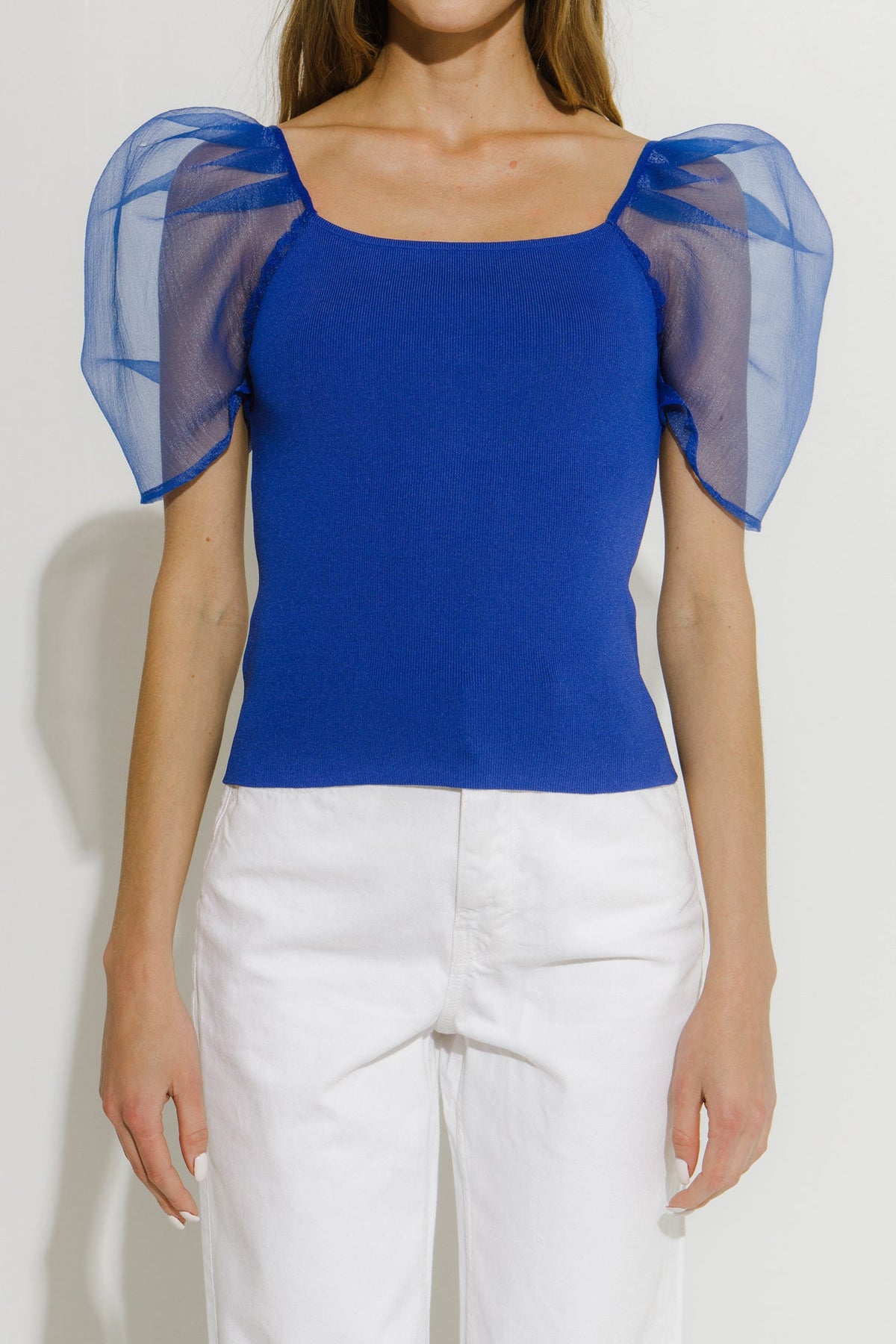 ENDLESS ROSE - Organza Puff Sleeve Knit Top - SWEATERS & KNITS available at Objectrare