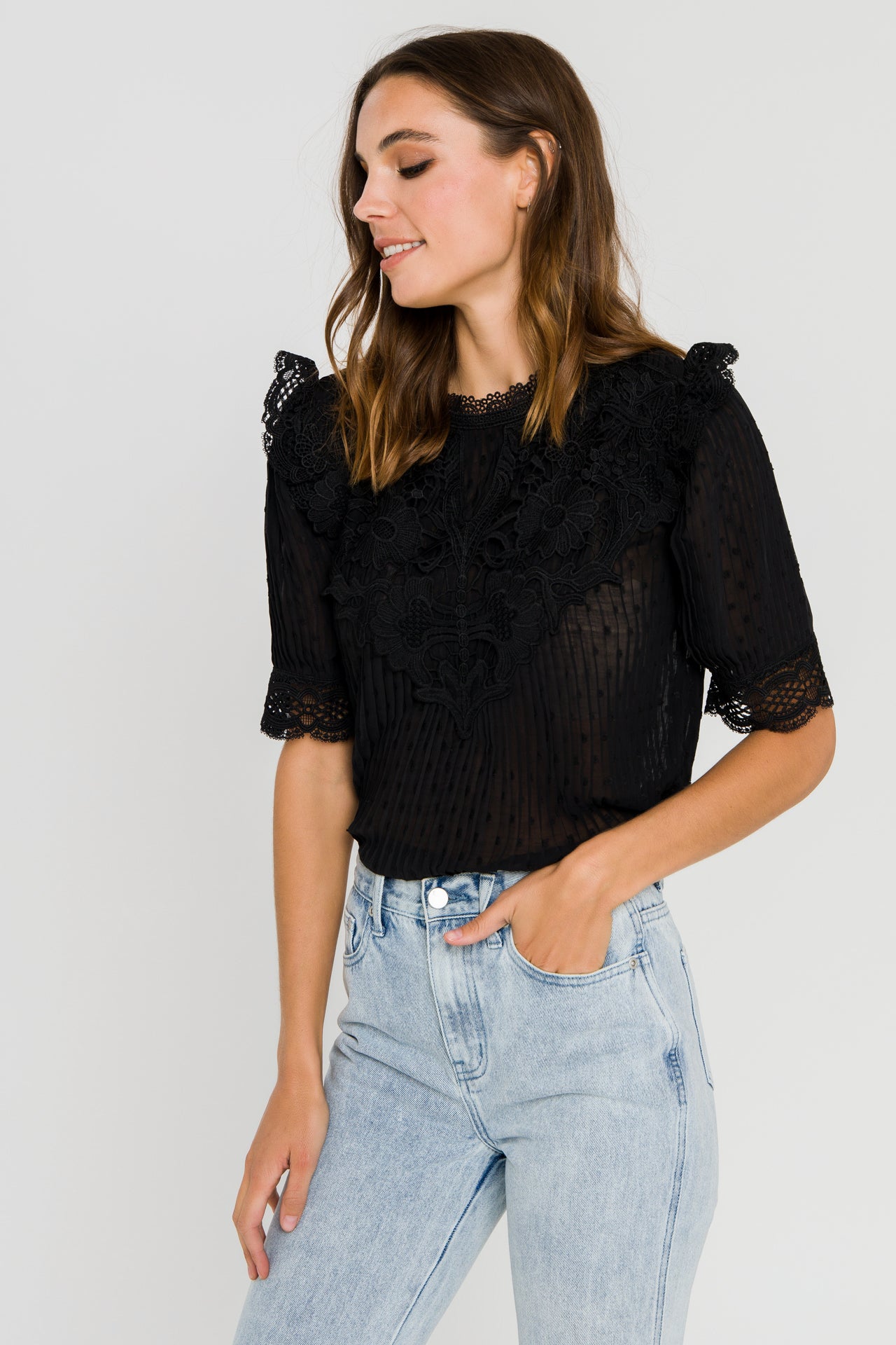ENDLESS ROSE - Lace Trim Woven Blouse - TOPS available at Objectrare