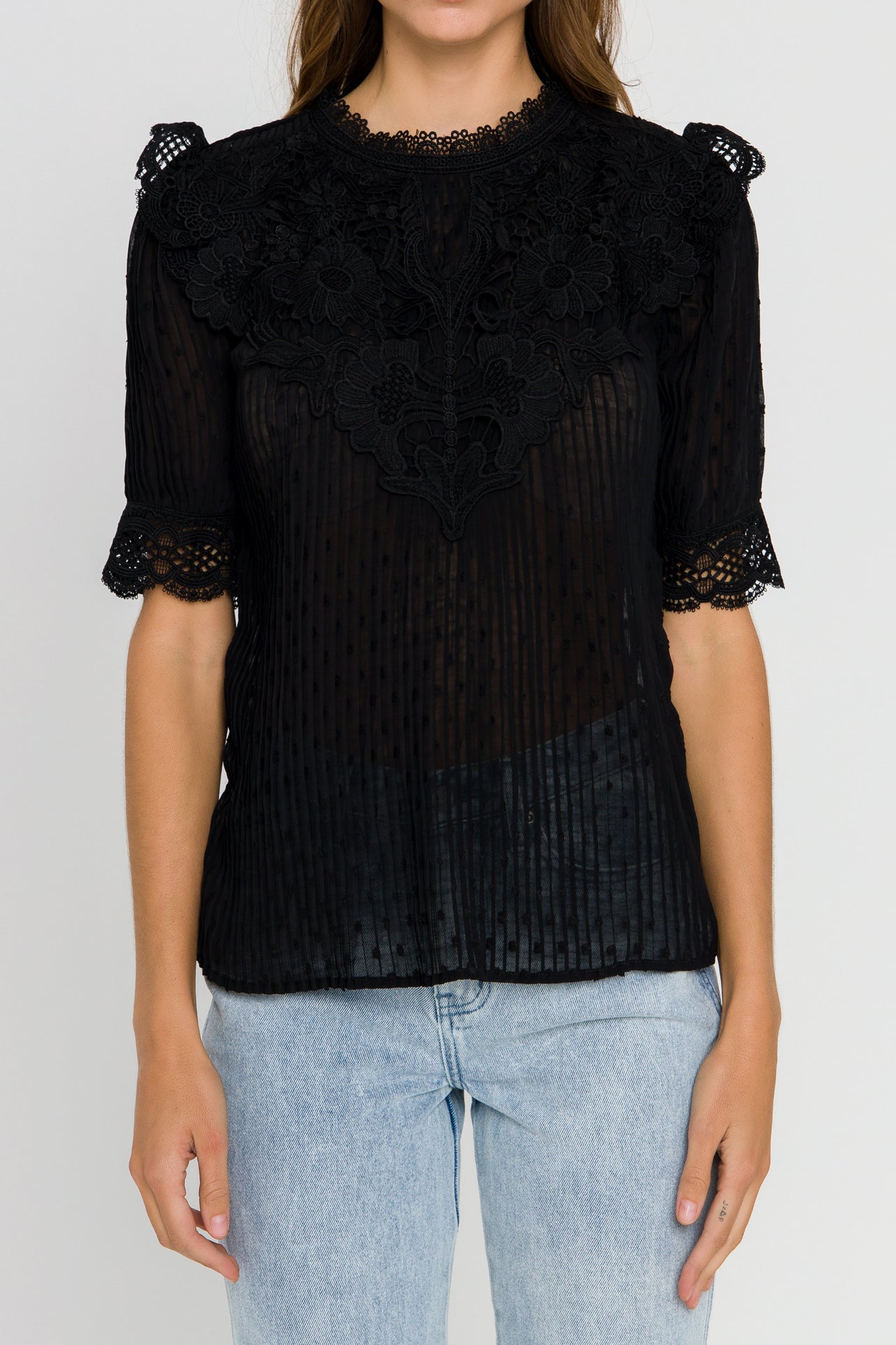 ENDLESS ROSE - Lace Trim Woven Blouse - TOPS available at Objectrare