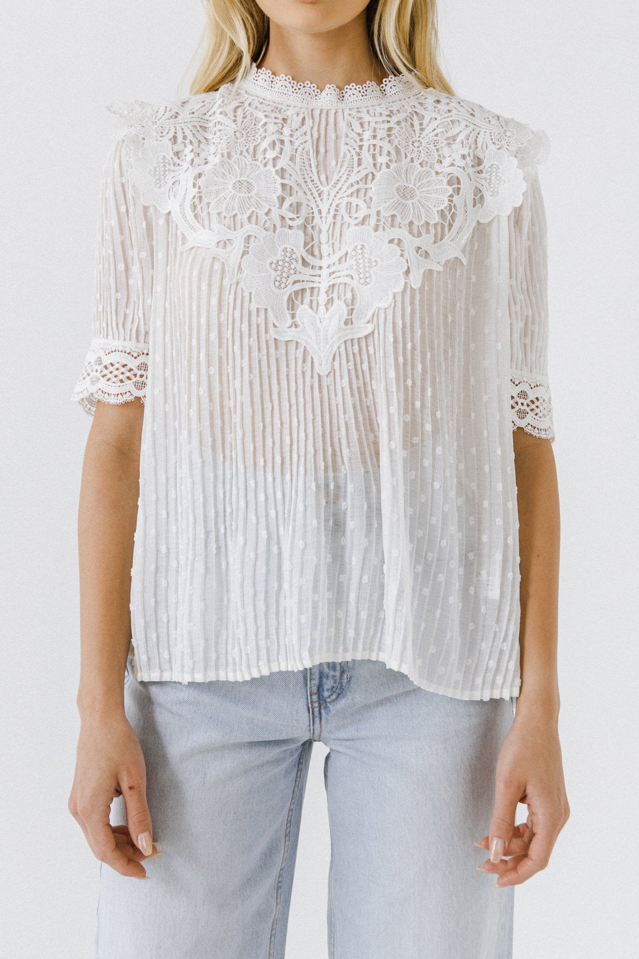ENDLESS ROSE - Lace Trim Woven Blouse - TOPS available at Objectrare