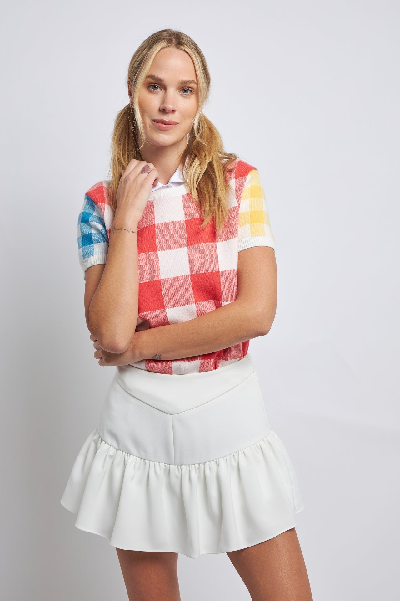 ENGLISH FACTORY - Colorblock Check Knit Top - SWEATERS & KNITS available at Objectrare